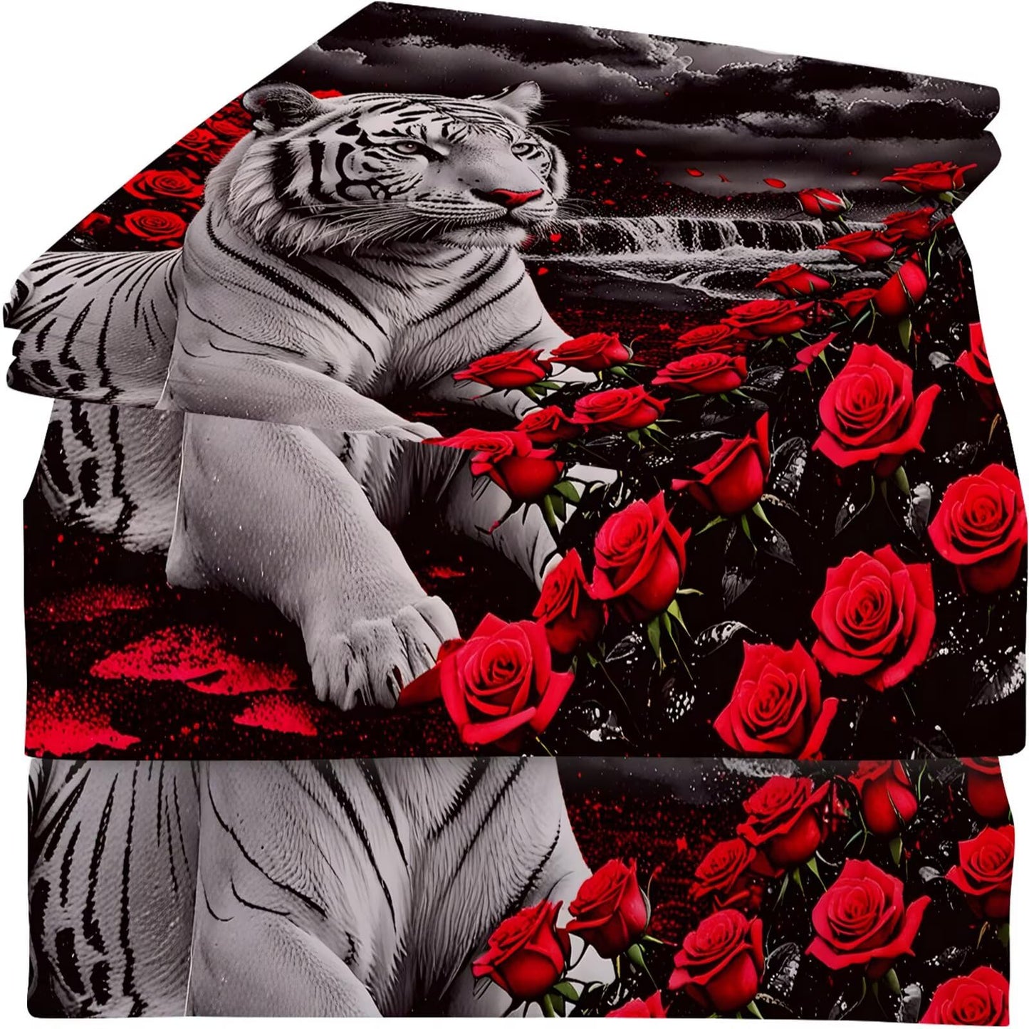 VTKON Rose Tiger Sheets Set Twin for Girls Boys Women and Men Red Black Animal Print Bedding Set 3D Tiger Bed Set with 1 Flat Sheet 1 Fitted Sheet and 1 Pillowcase