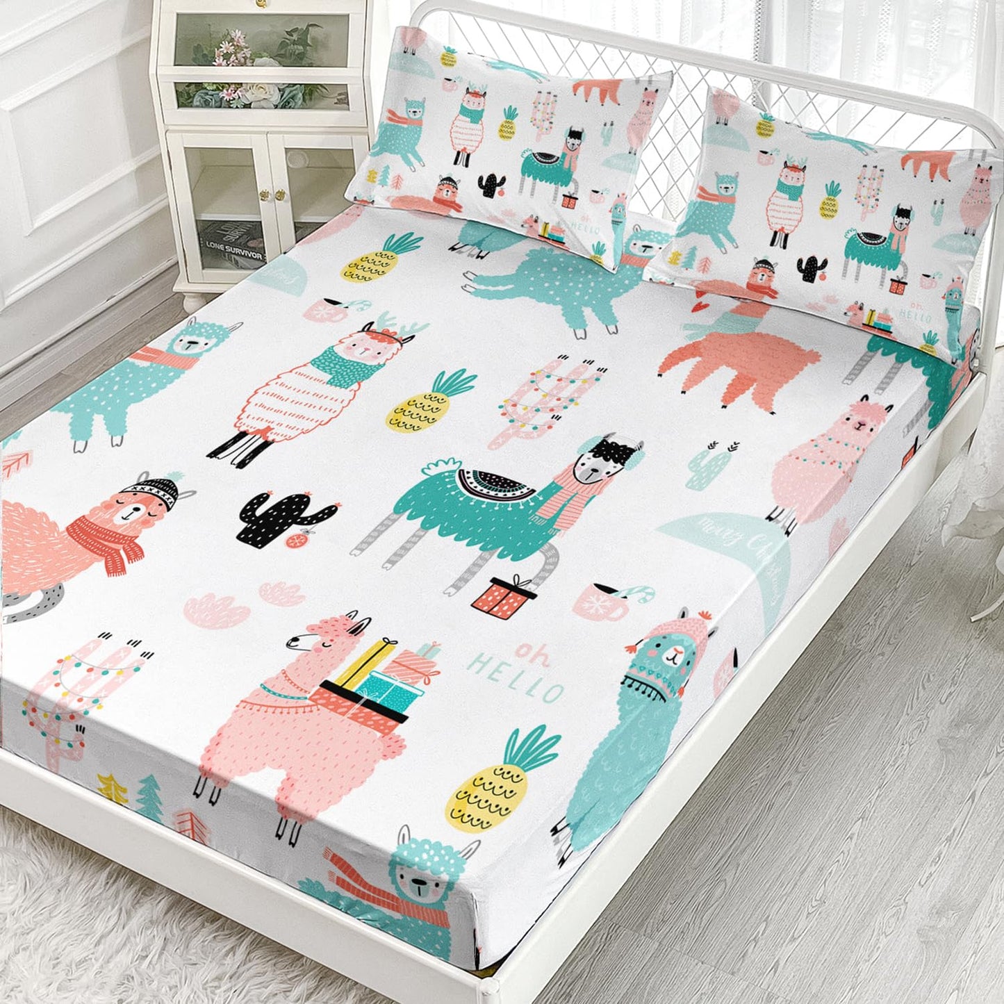 AILONEN Cute Llama Fitted Sheet Twin Size, Alpaca Cactus Print Bed Sheet Set,Cartoon Llama Alpaca Sheets Set,Lovely Tropical Animals Theme Bedsheet Set 3 Pieces,1 Fitted Sheet and 2 Pillowcases