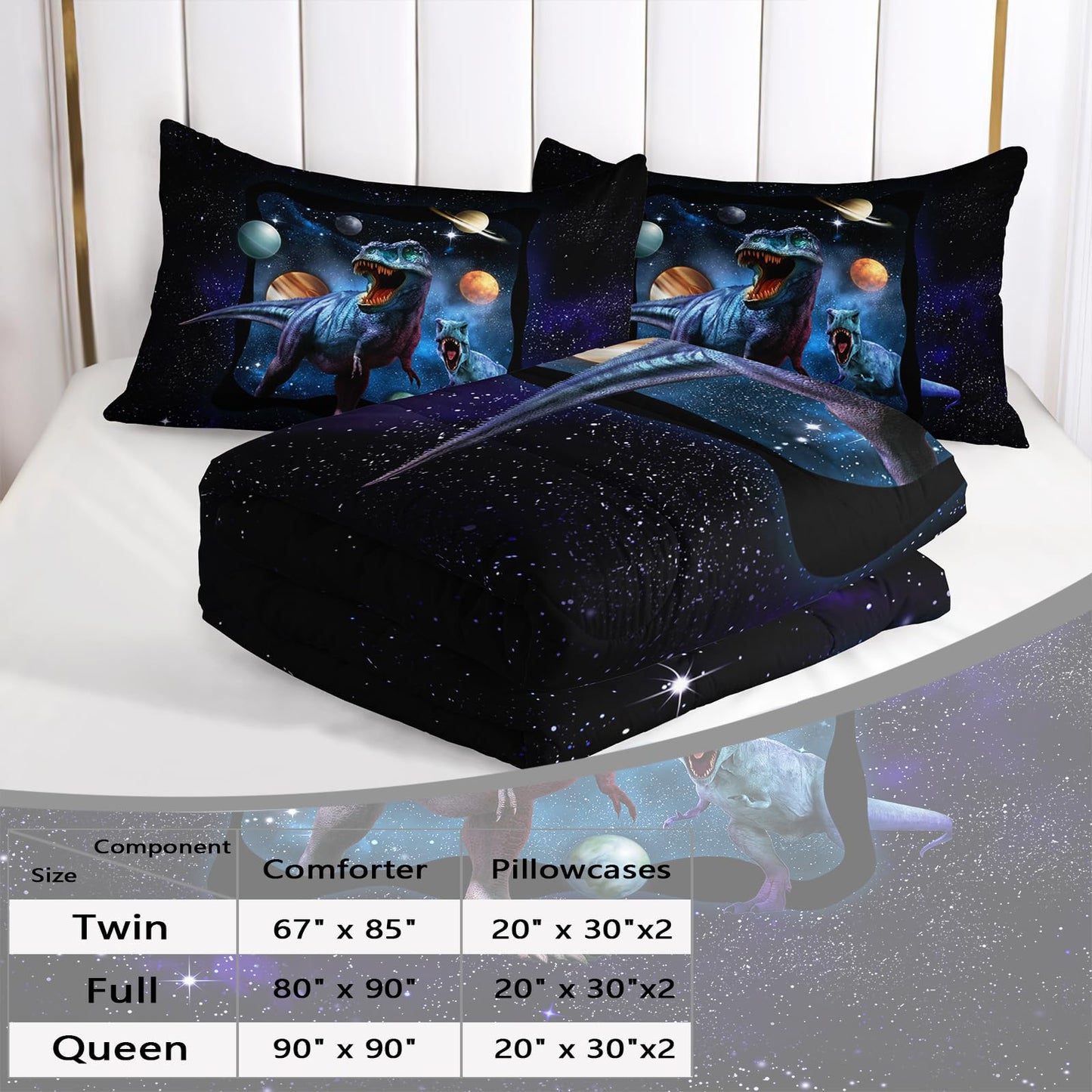 AILONEN Space Galaxy Dinosaur Bedding Set, Purple Dreamy Nebula Dinosaur Twin Size Bedding Sets for Boys Girls,Dino Roar Planet Pattern Soft Breathable Quilt Set 3Pcs(1 Comforter + 2 Pillowcase)