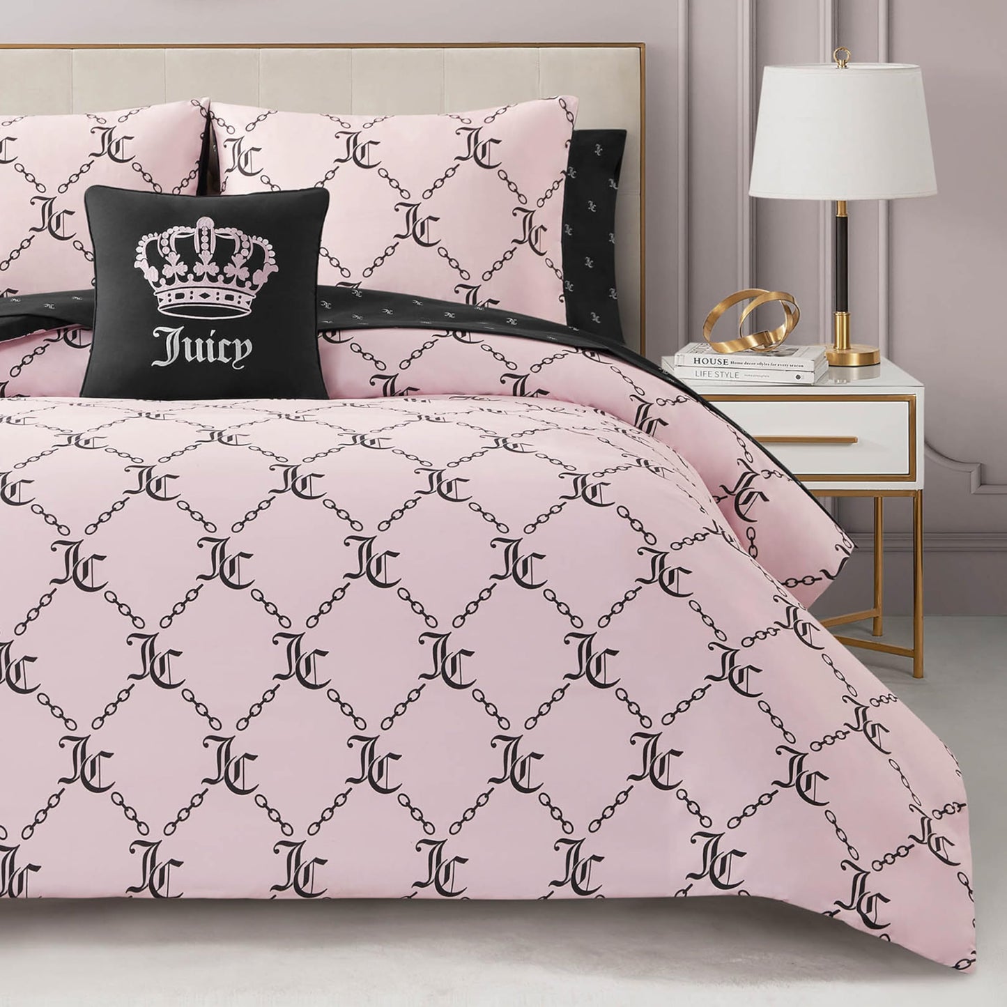 Juicy Couture Light Pink/Black Link Logo Printed Comforter Set, Queen – Complete 8-Piece Bed in a Bag Collection
