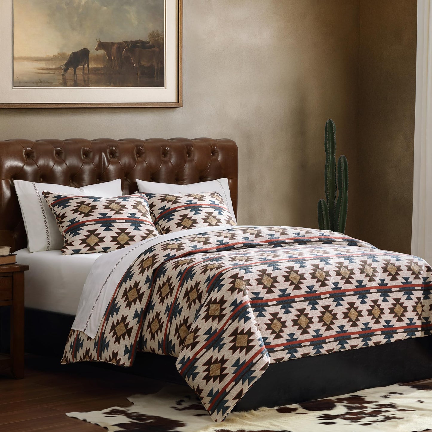 Paseo Road Tasha Polizzi Mariella Western Bedding, 2 Piece Duvet Cover Set, Twin Size, Chenille Red Blue Brown Aztec Bedding Set, Southwestern Tribal Bedding with Pillow Sham
