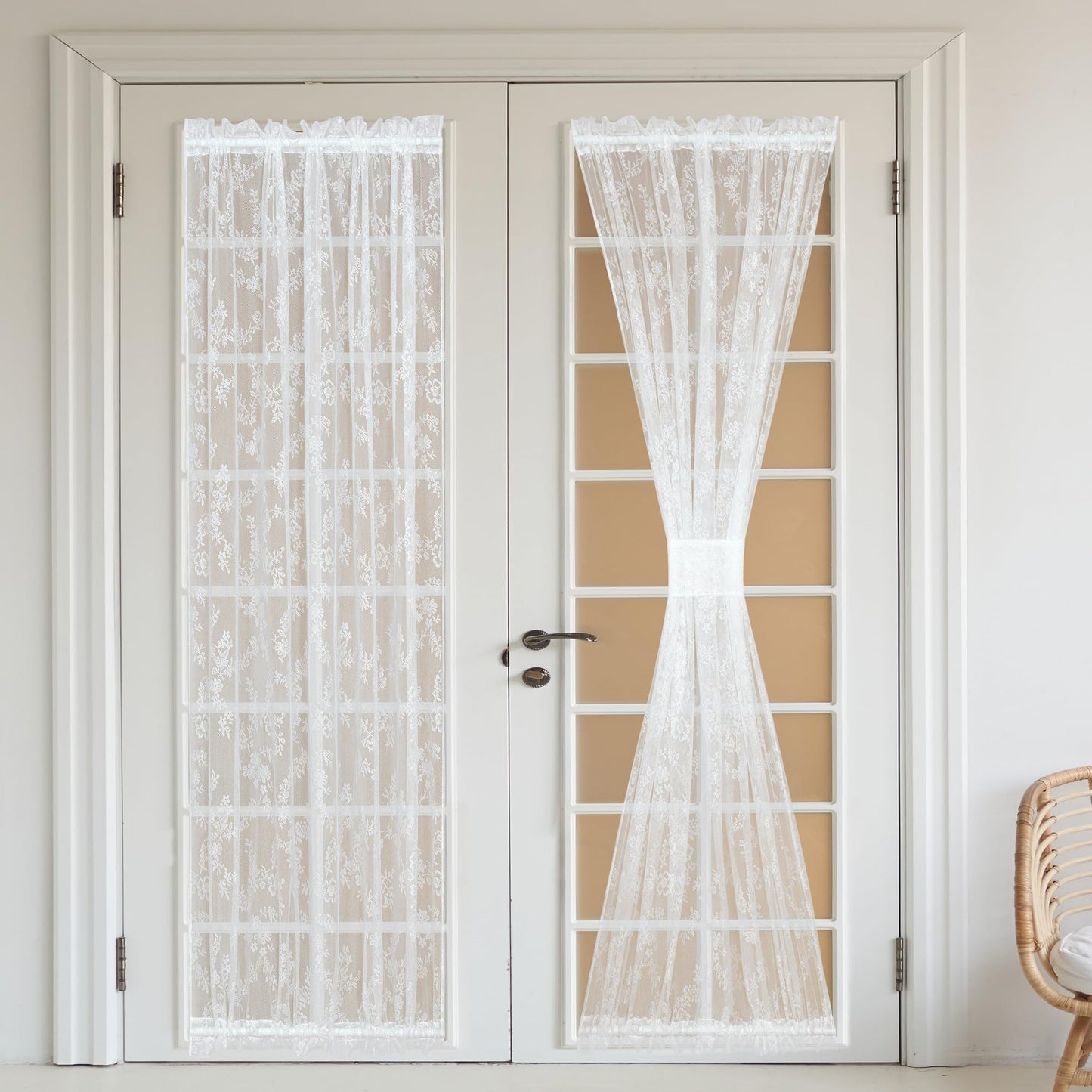 Bentrilisa Lace French Door Curtains 72 Inches Long Floral Voile Curtains Semi Sheer White Window Patio Glass Front Door Panel Curtain with Tieback, Single Panel