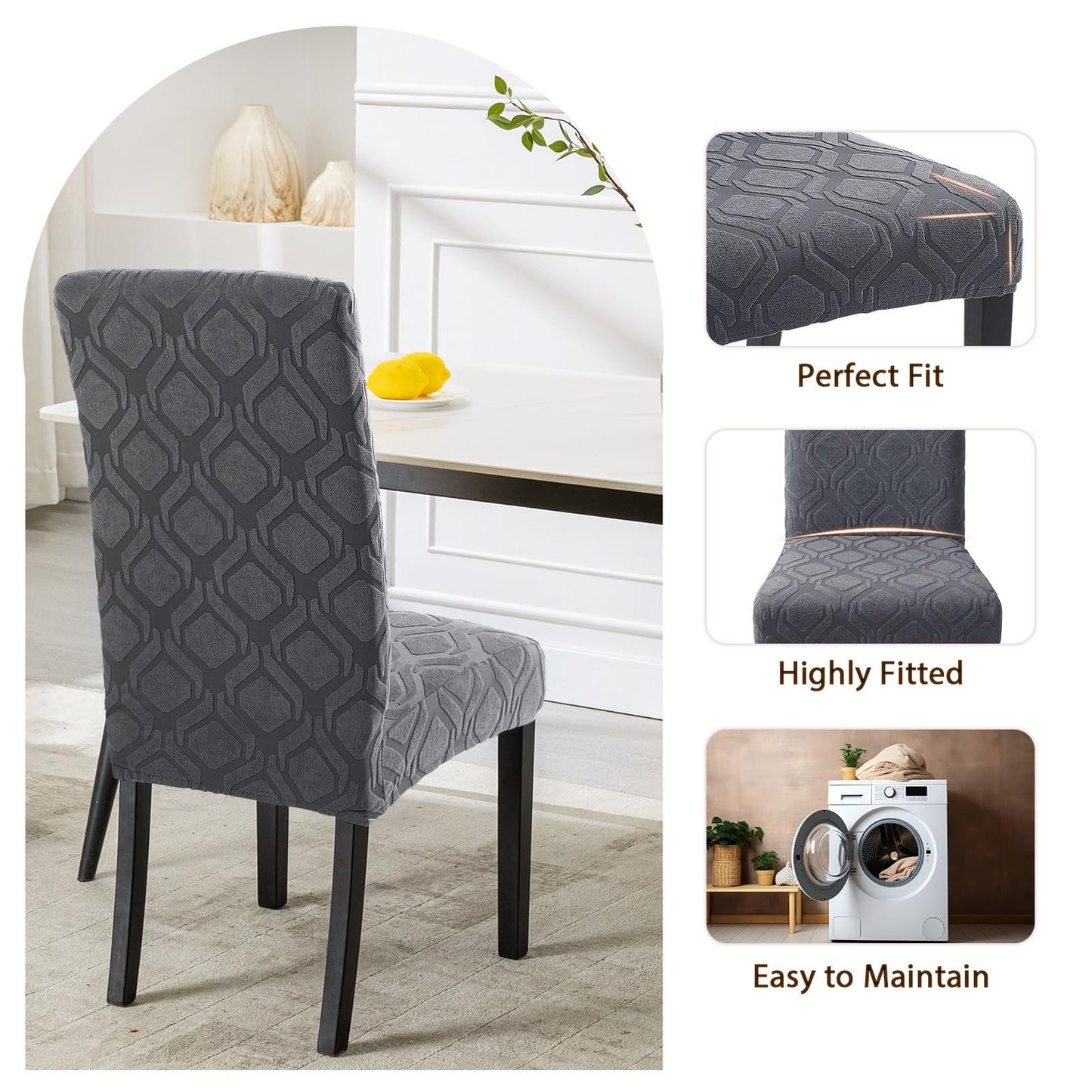 SearchI Dining Room Chair Covers Set of 4, Stretch Jacquard Parsons Chair Slipcovers Spandex Removable Washable Kitchen Chair Protector Cover for Dining Room, Hotel, Ceremony (Grey)