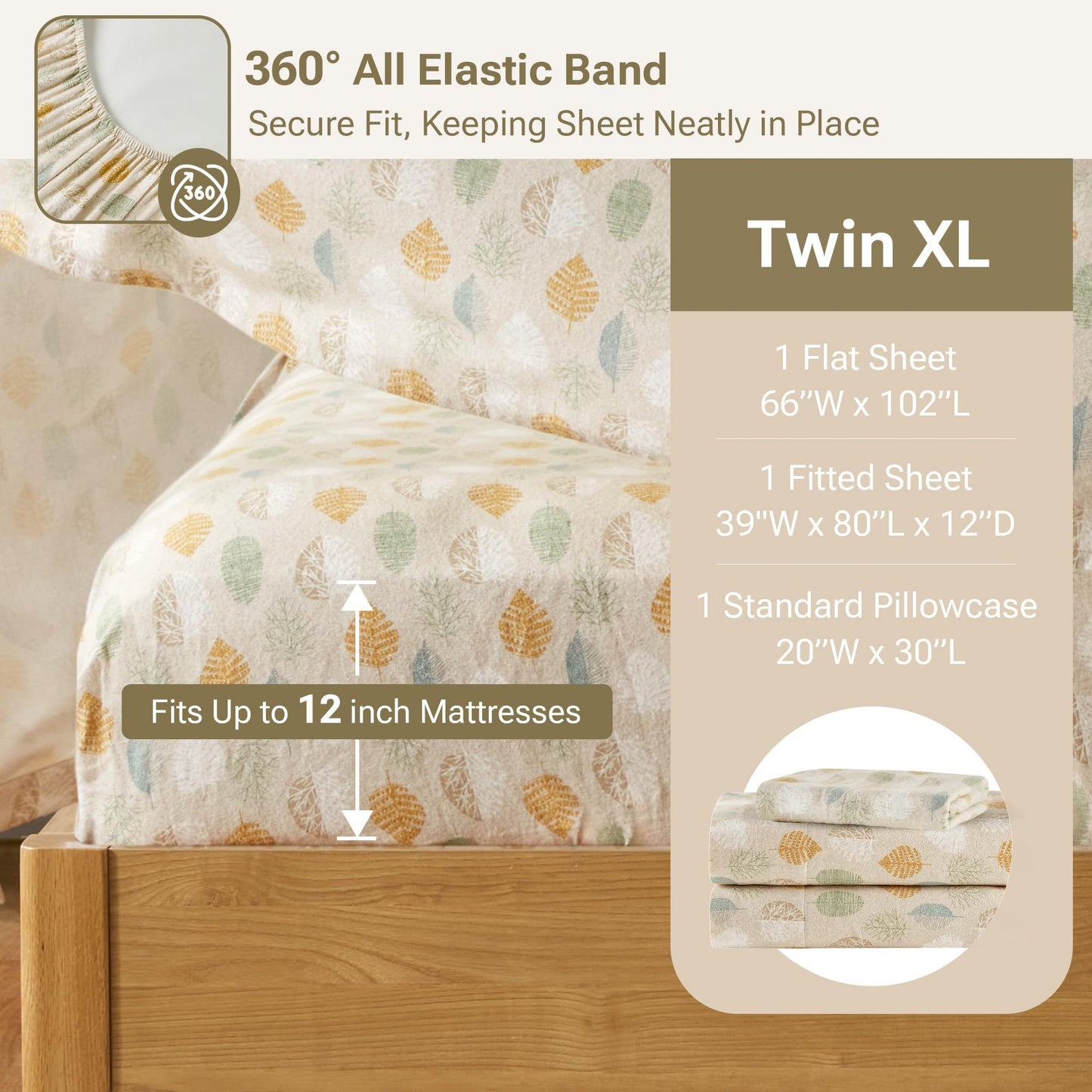 True North by Sleep Philosophy Cozy Flannel Warm 100% Cotton Sheet - Novelty Print Animals Stars Cute Ultra Soft Cold Weather Bedding Set, Twin XL, Multi Leaves 3 Piece