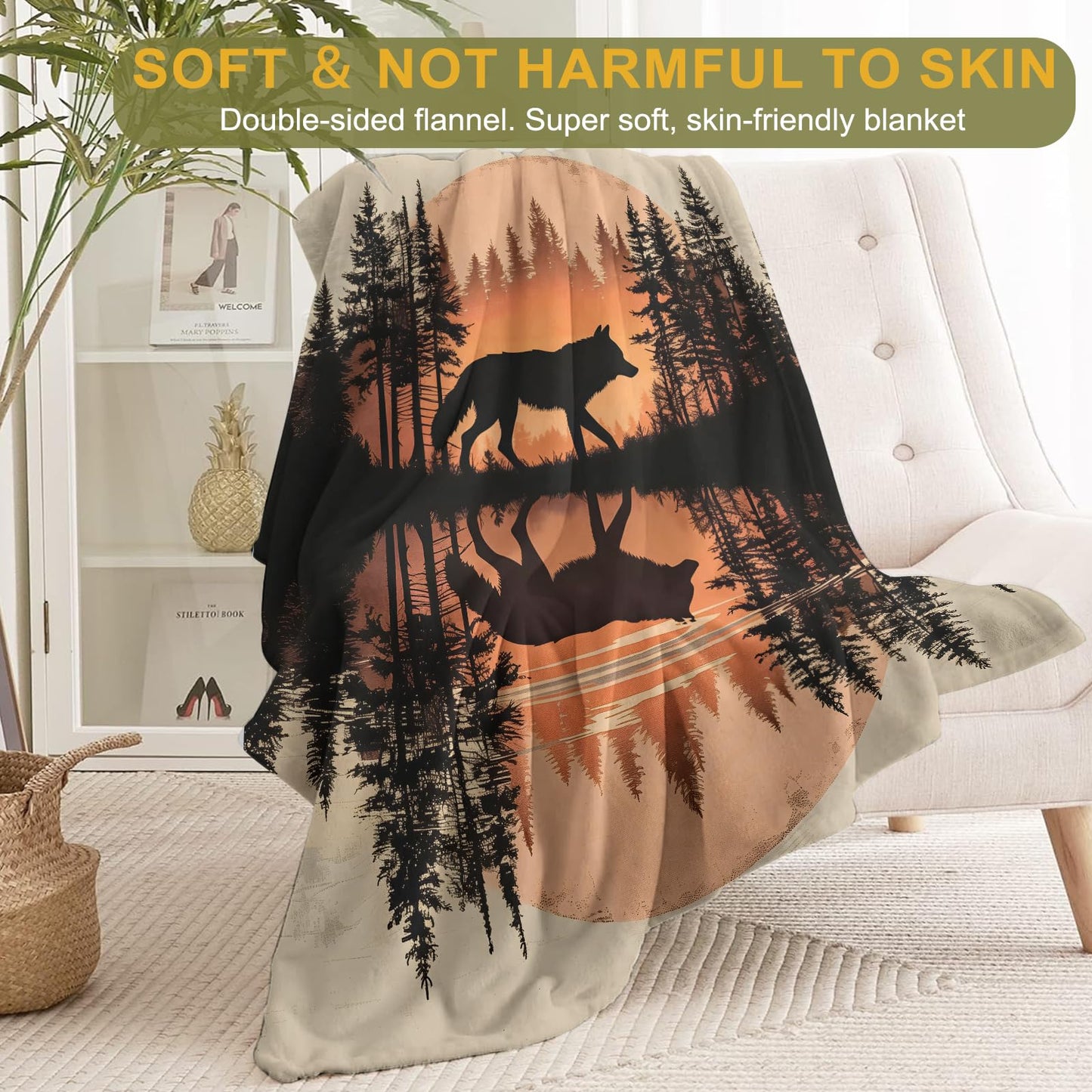 ainori Retro Wolf Forest Sunset Fleece Blanket,Animal Silhouette Pine Rree Lake Blankets,Rustic Nature Decorative Throws for Sofa,Bedroom,Lightweight Throw Gifts for Wildlife Lovers Men Boys 50”x60”