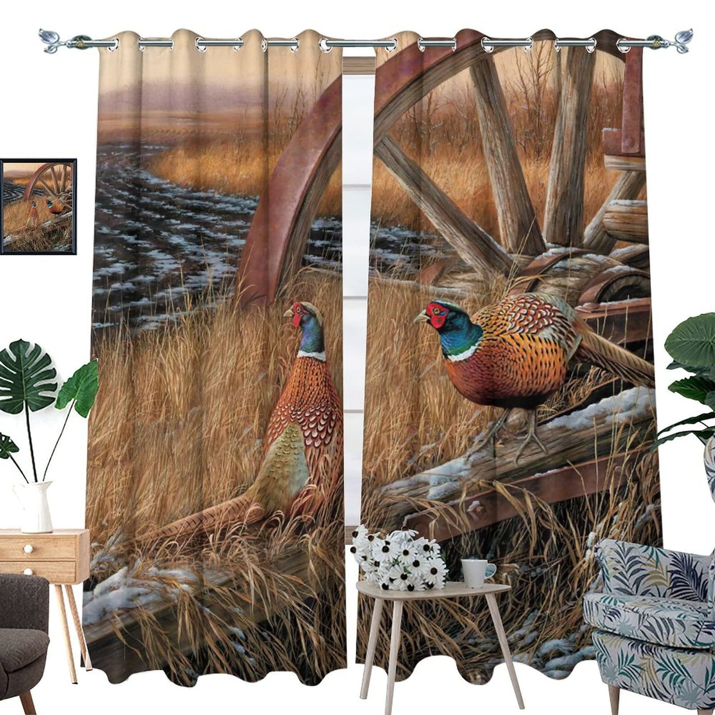 Rustic Pheasants Blackout Curtains - Camouflage Wildlife Pheasants Retro Forest Country Farmhouse Grommet Window Treatment Set Energy Saving Thermal Insulated Drapes for Living Room Nursery,42x45in