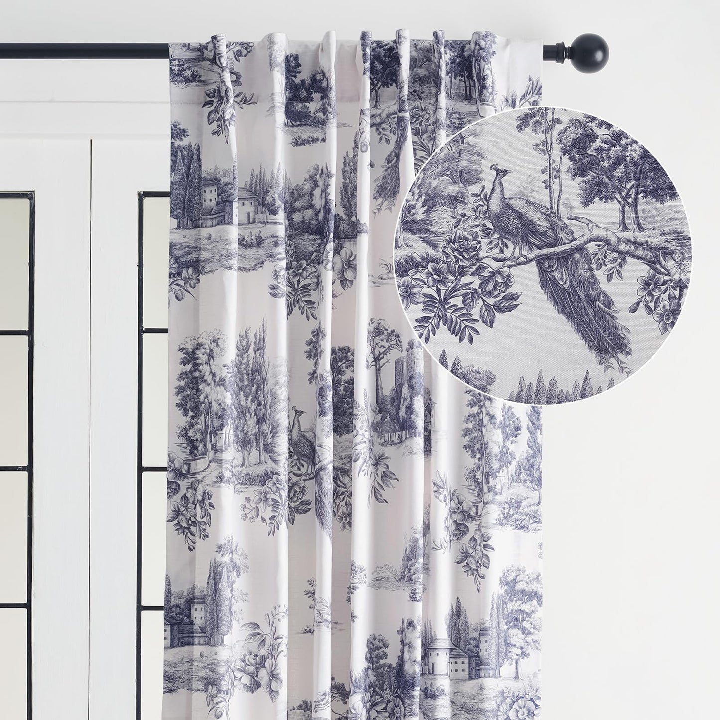 Maison d' Hermine Curtains for Living Room 100% Cotton 96 inch Length One Panel Light Filtering Toile Curtains for Bedroom Windows with Rod and Loop Pockets Drapes (Trianon Blue, 50" W x 96" L)