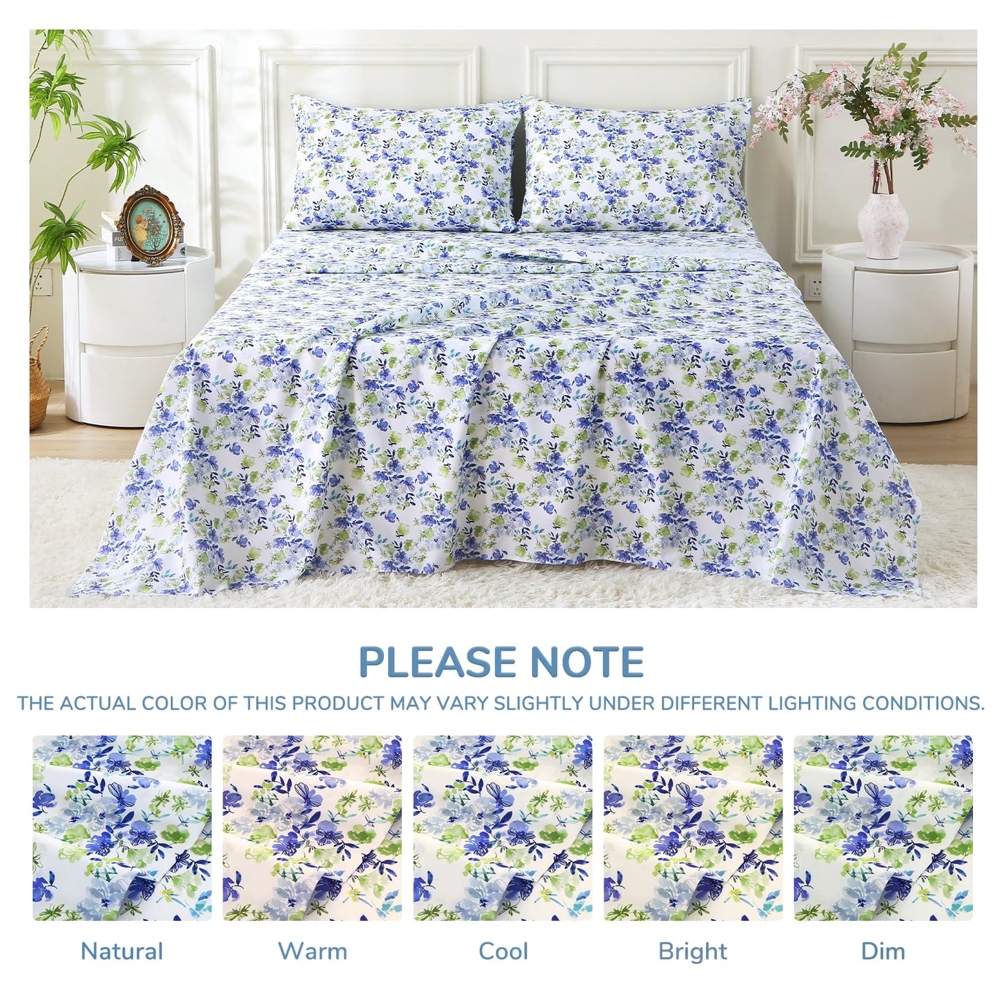 MUXHOMO Queen Size 4 Piece Sheet Set, Soft & Breathable Sheet for Bedroom with Deep Pocket Up to 16", Wrinkle-Free & Cooling Bed Sheet with Flat Sheet, Fitted Sheet & Pillowcases - Aqua Bloom