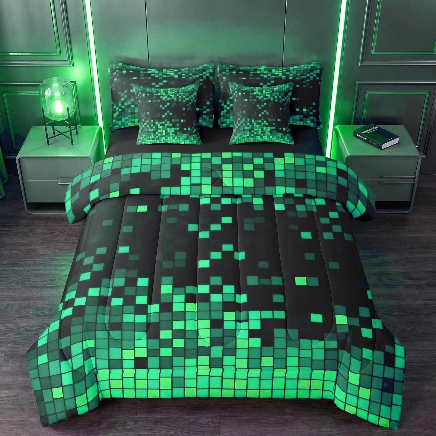 Feelyou Green Black Pixel Art Comforter Set with Sheets 7 Piece Twin Size Gamer Bedding Set for Kids Boys Girls Retro Pixel Bed in a Bag Nostalgic 8-bit Room Decor Soft Lightweight Microfiber
