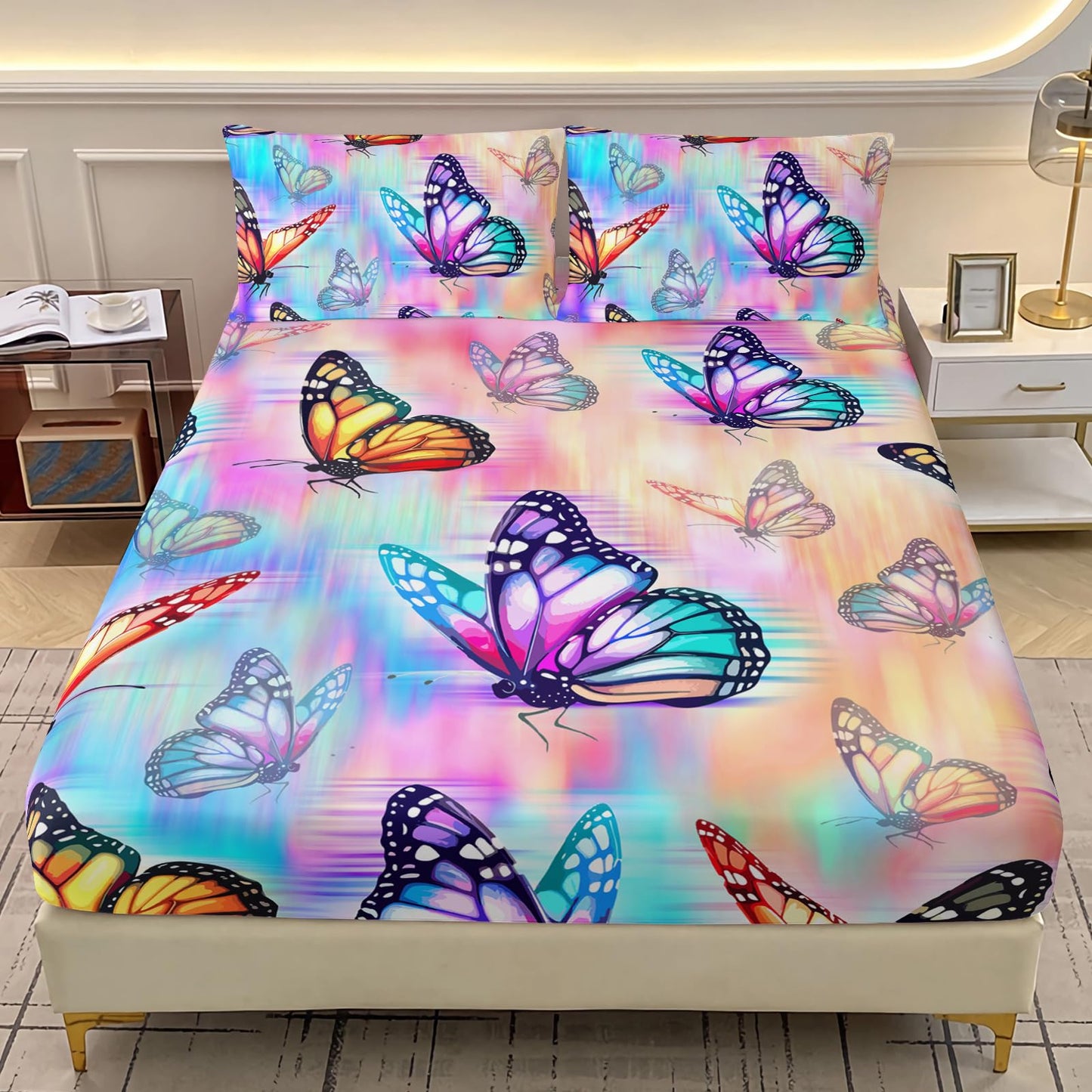 AILONEN 3D Butterfly Queen Bedding Set for Kids Teens Girls,Colorful Butterflies Fitted Sheet Set for All Season,Pink Blue Gradient Bed Sheet + 2 Pillowcases,3Pcs