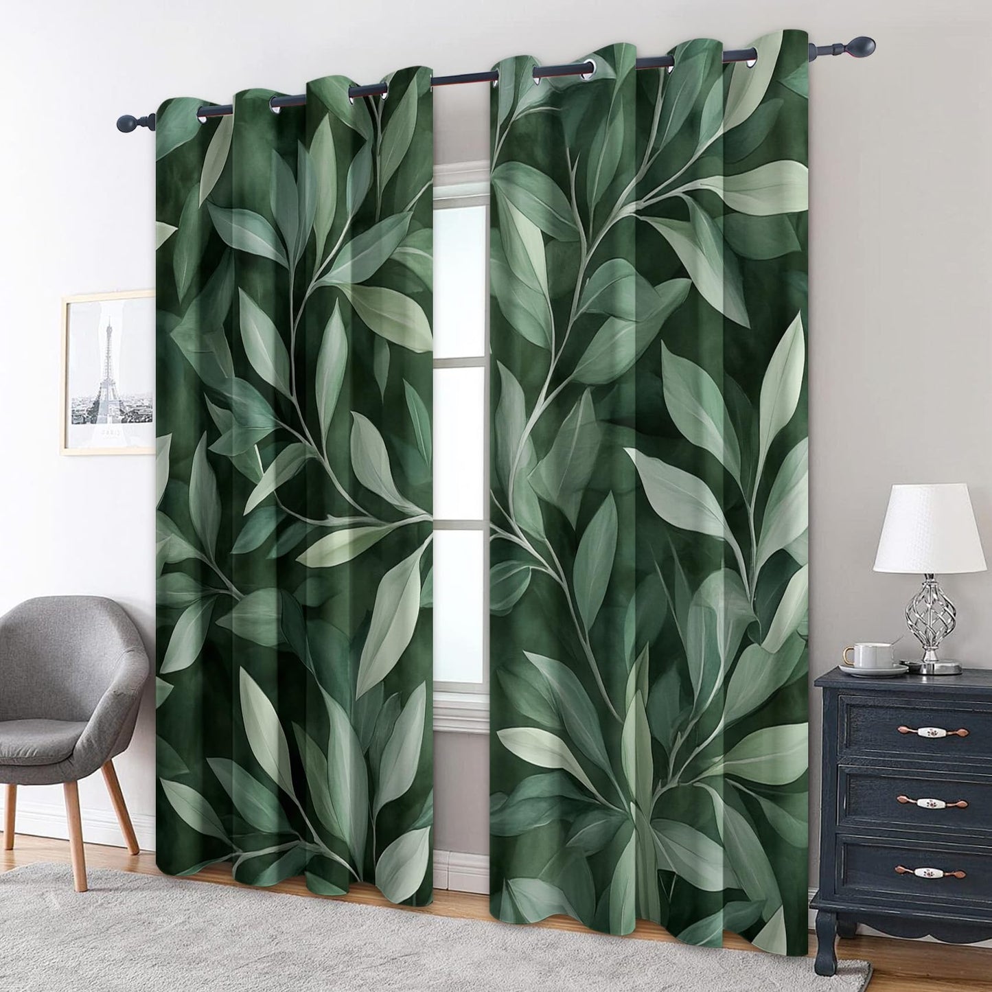 MOBEITI Leaf Curtains for Living Room - Green Leaf Curtain for Bedroom Living Room, Leaves Window Curtains, Botanical Home Decor Drapes 2 Panel Sets, Grommet Black Out Curtain 54 Inch Long