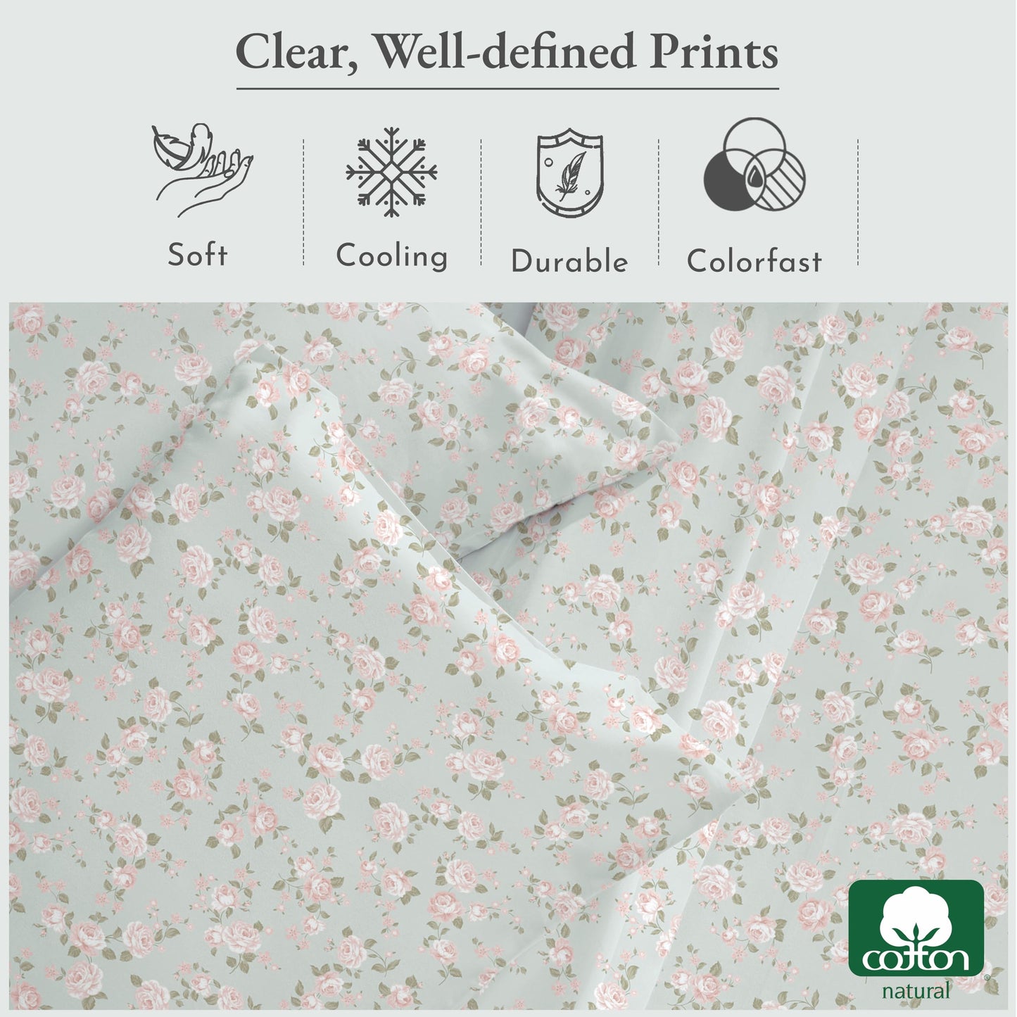 California Design Den Printed Pattern Rose Queen Sheet Set, 100% Cotton Sateen Deep Pocket Queen Sheets & Pillowcase Set - Vintage Rose