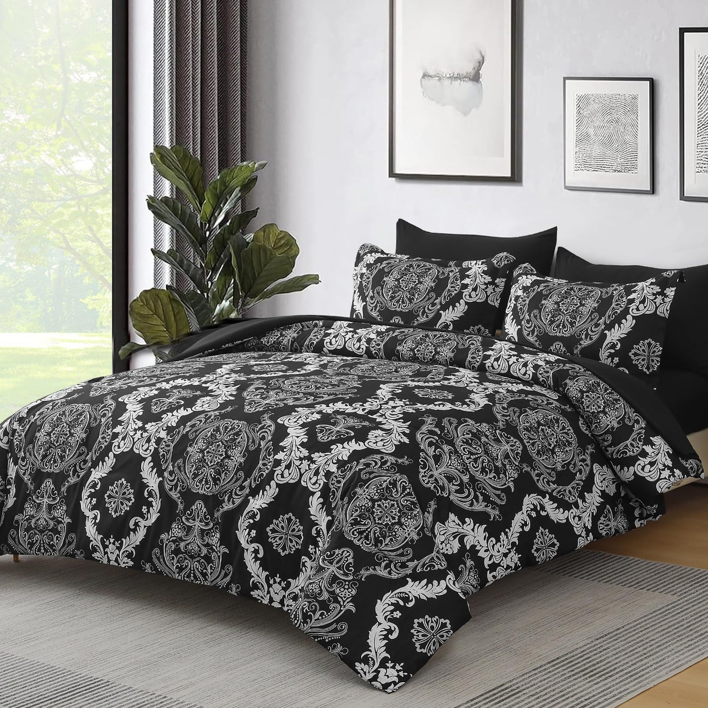 WONGS BEDDING 7 Pieces Comforter Set Queen Size, Black White Texture Bedding Set for All Season, Damask Soft and Breathable Bed in a Bag with Comforter, Flat Sheet, Fitted Sheet, Pillowcases & Shams