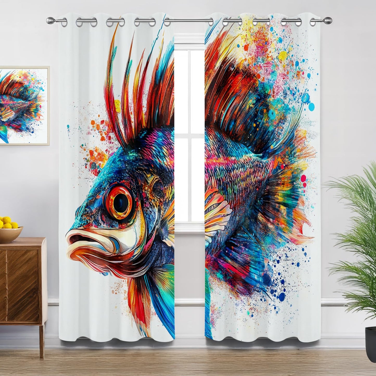 Big Pike Curtains Blackout, Colorful Fish Fishing Splatter Black Out Curtains 63 Inch Long Printed, Room Darkening Thermal Insulated Grommet Drapes for Bedroom Living Room