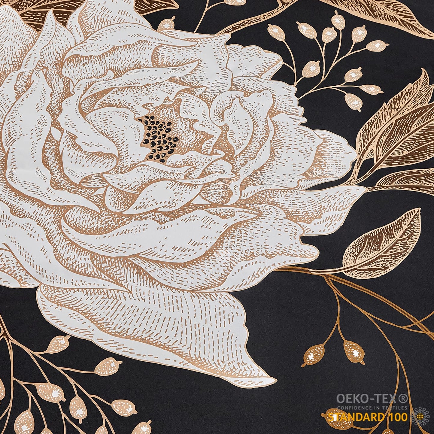 mixinni Floral Duvet Cover King Size, 3 Pieces White Flowers and Gold Leaves Printed on Black Bedding Set, Soft Premium Cotton Reversible Elegant Floral Duvet Cover Set for All Season-King Size