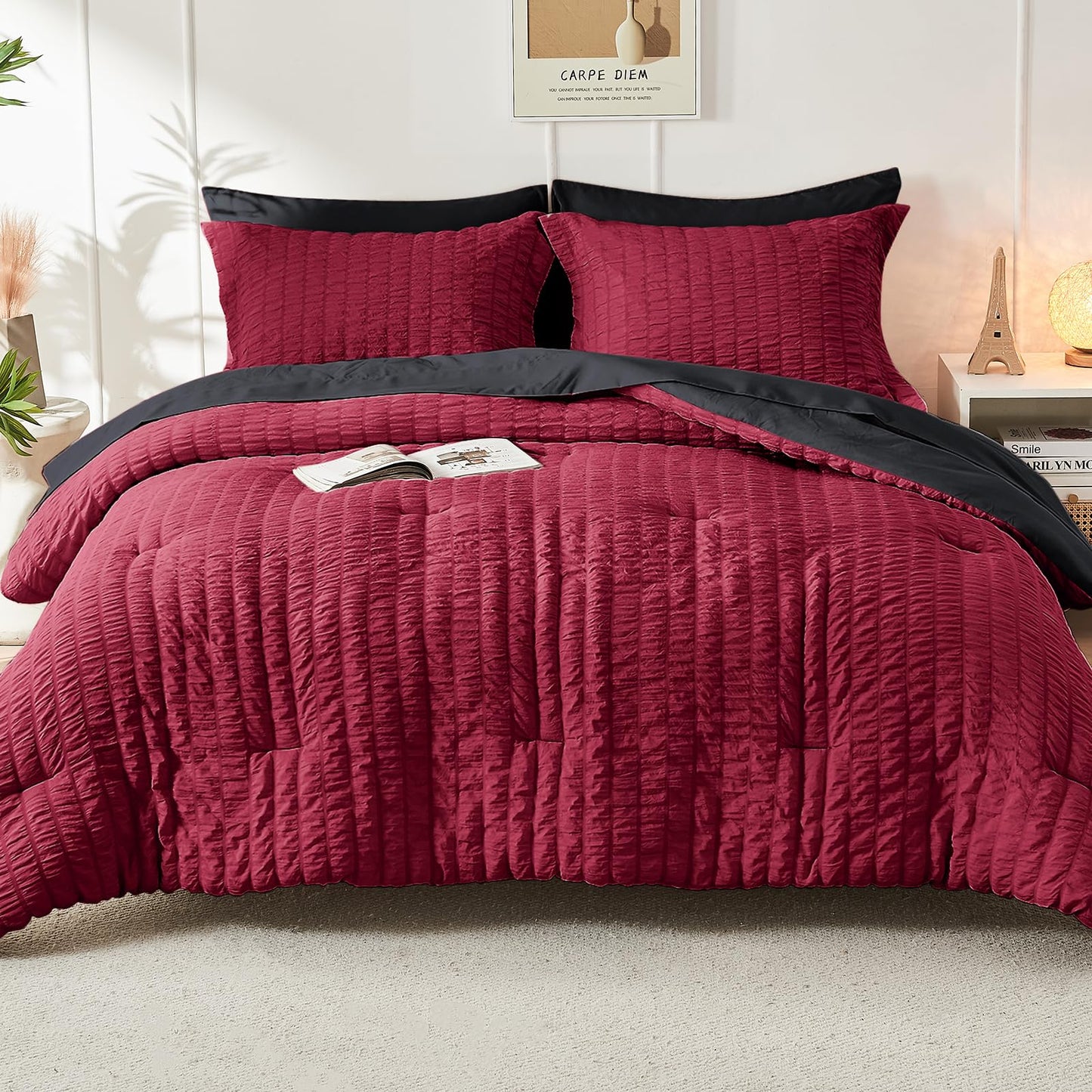 HYMOKEGE Red/Black Oversized Queen Comforter Set Seersucker 7 Pieces, All Season Luxury Bed in a Bag for Bedroom, Bedding Set with Comforter, Sheets, Pillowcases & Shams