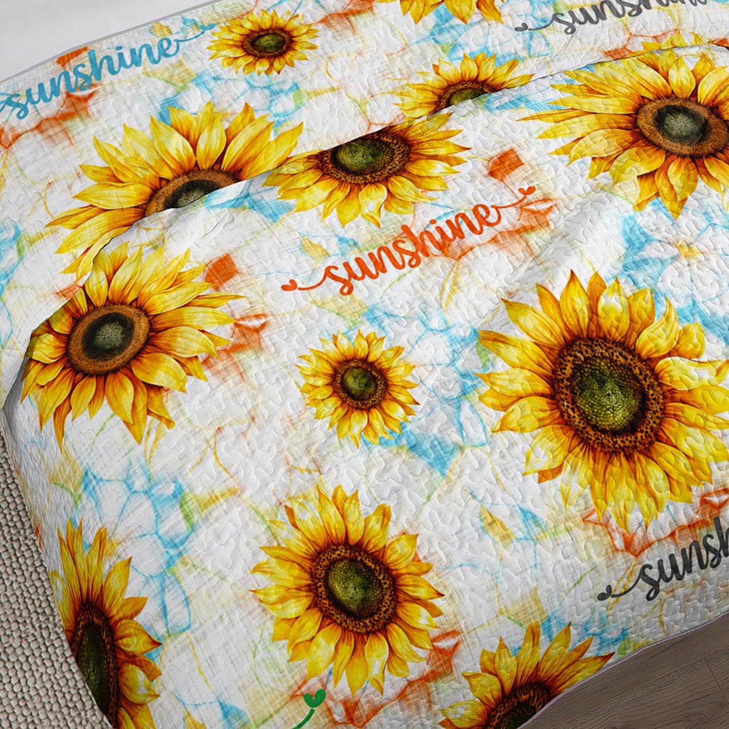 UEVBF Yellow Sunflower Quilt Set King Size 3 Pieces,Beautiful Floral Summer Bedding with 2 Pillowcases,Soft Lightweight Quilted Quilt Bedding Sets for Adults Women Men Bedroom Decor.