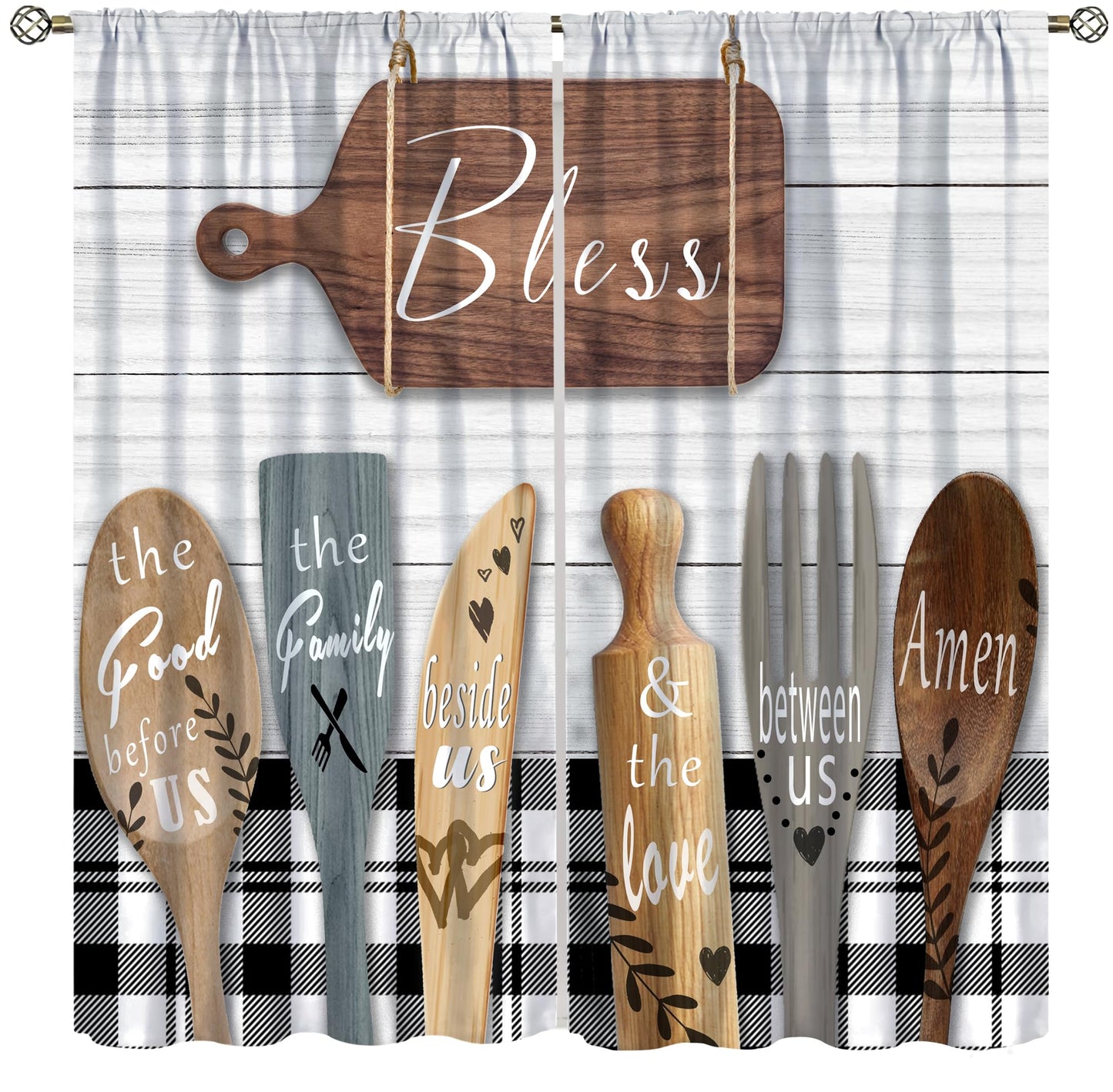 ShiTingYu Rustic Kitchen Curtains Farmhouse Vintage Country Wooden Plank Black White Window Treatments for Bedroom Living Room Kitchen Drapes 2 Panels 42x45 Inch