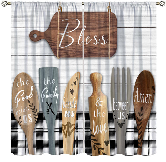 ShiTingYu Rustic Kitchen Curtains Farmhouse Vintage Country Wooden Plank Black White Window Treatments for Bedroom Living Room Kitchen Drapes 2 Panels 42x45 Inch
