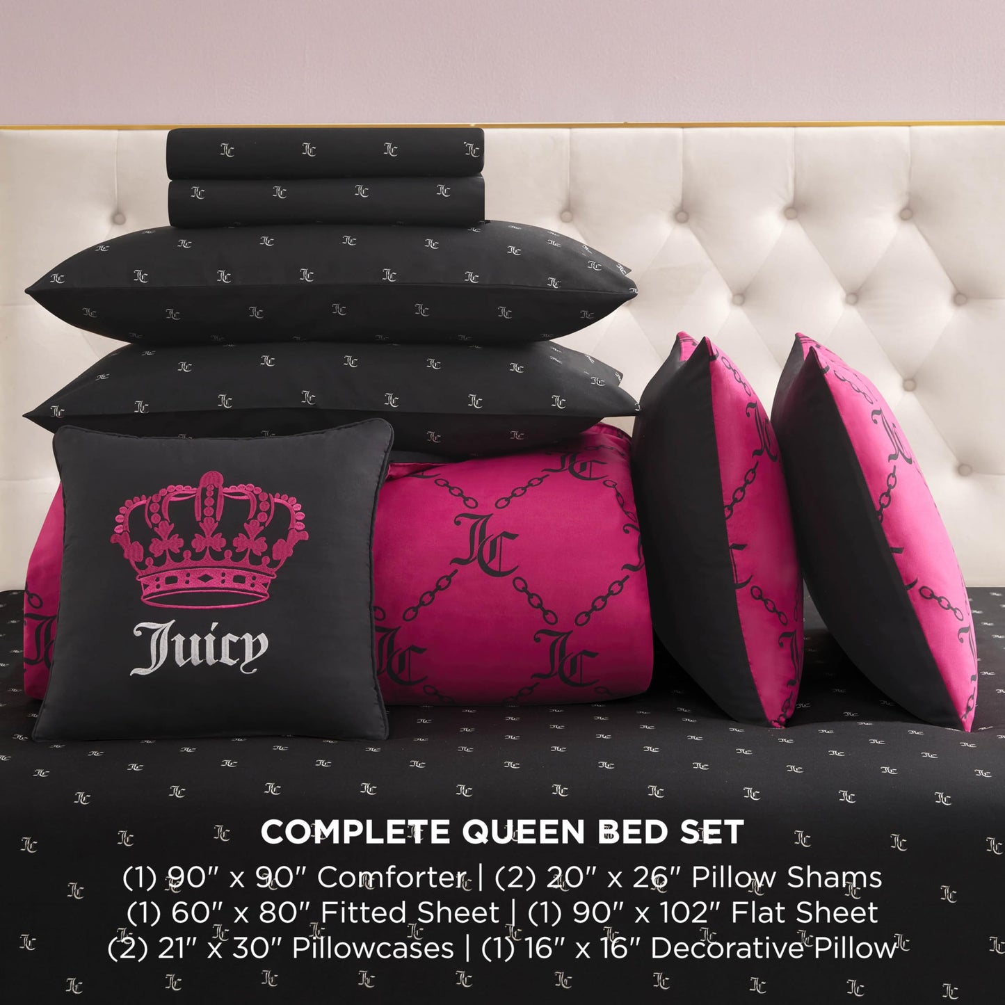Juicy Couture Hot Pink/Black Link Logo Printed Comforter Set, Queen – Complete 8-Piece Bed in a Bag Collection