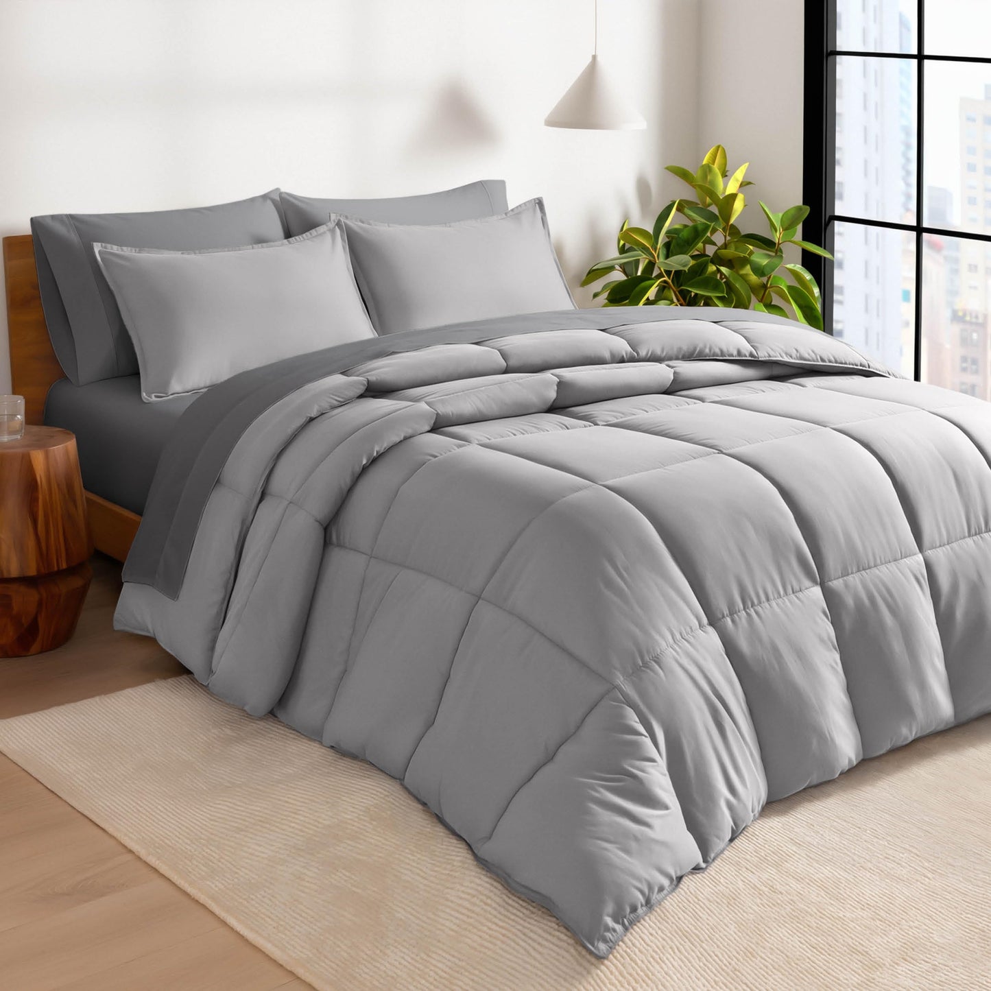 Bare Home Bed-in-A-Bag 7 Piece Comforter & Sheet Set - King - Goose Down Alternative - Ultra-Soft 1800 Premium Bedding Set (King, Light Grey/Grey)