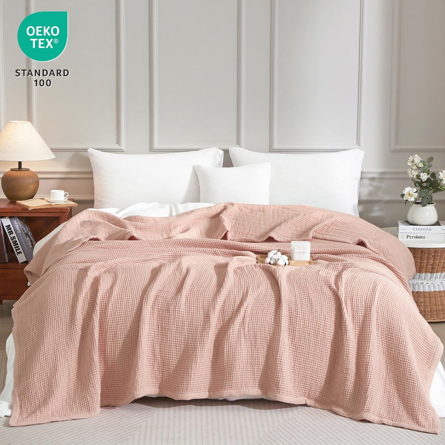 PHF 100% Cotton Waffle & Muslin Blanket Queen Size, Soft Breathable Luxury 400GSM Versatile Reversible Bedding for Bed, Great for Layering in Cold Weather, Home Decor Gift, 90" x 90", Rose Smoke