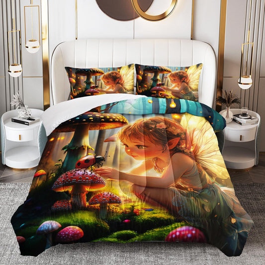 AILONEN Beautiful Butterfly Fairy Comforter Set for Kids,Girls Twin Size,Magic Mushroom Bedding Set for Bedroom Decor,Mysterious Forest Duvet Set,1 Quilt + 2 Pillowcases