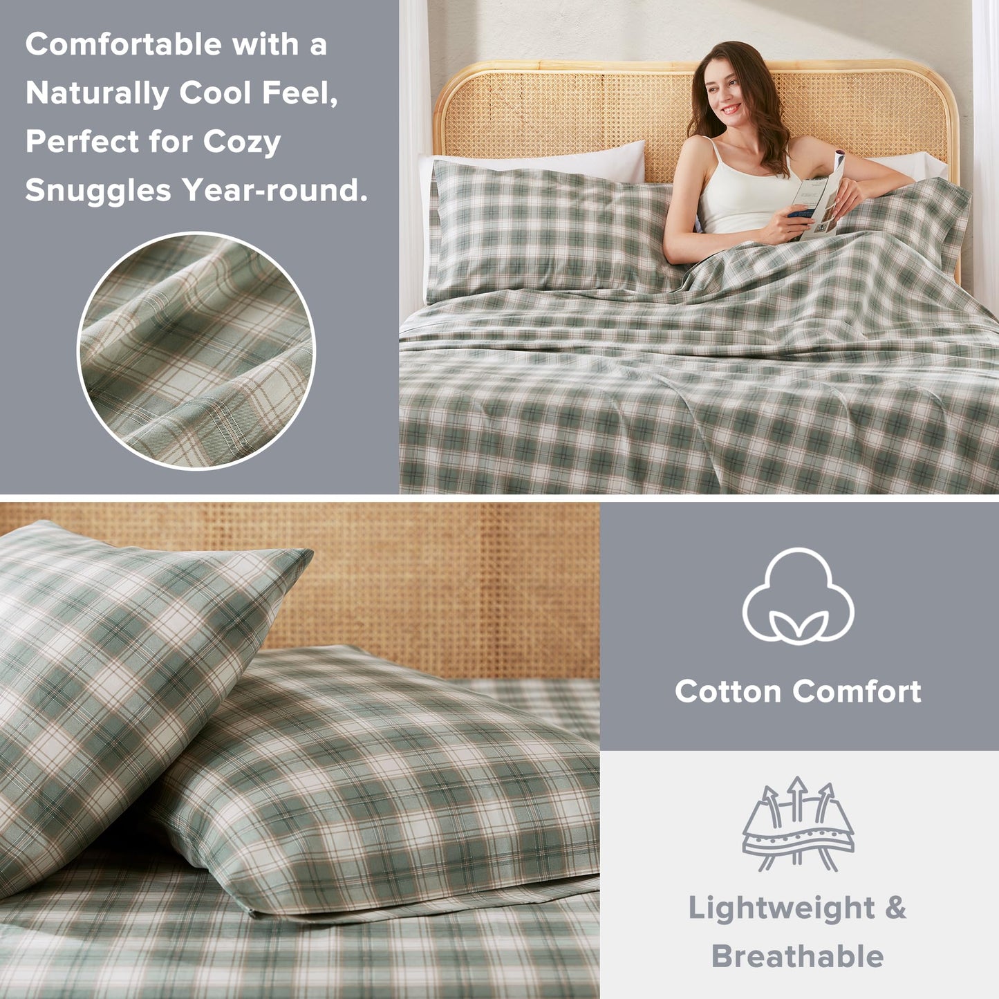 Comfort Spaces 100% Cotton Sheets Full, Breathable, Naturally Cool Cotton Sheets, Soft Cotton Bed Sheets with 14" Elastic Pocket Fits up to 16" Mattress, All Seasons Sheet Set, Wesley Green 4 Piece