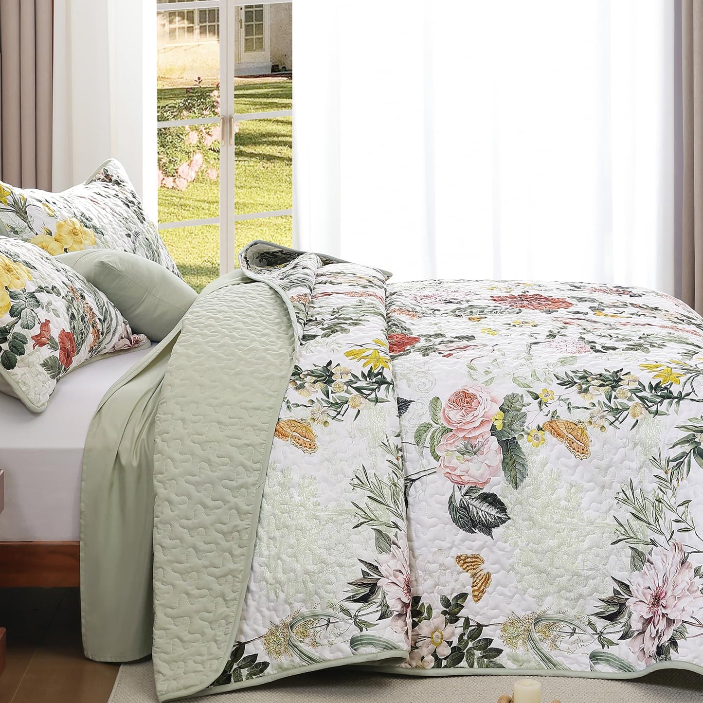 Anibedding Sage Green Queen Quilt Sets,3 Piece Floral Farmhouse Botanical Lightweight Microfiber Bedspread Coverlet with 2 Shams Spring Summer Bedding Quilts Set for All Season(90"x96")