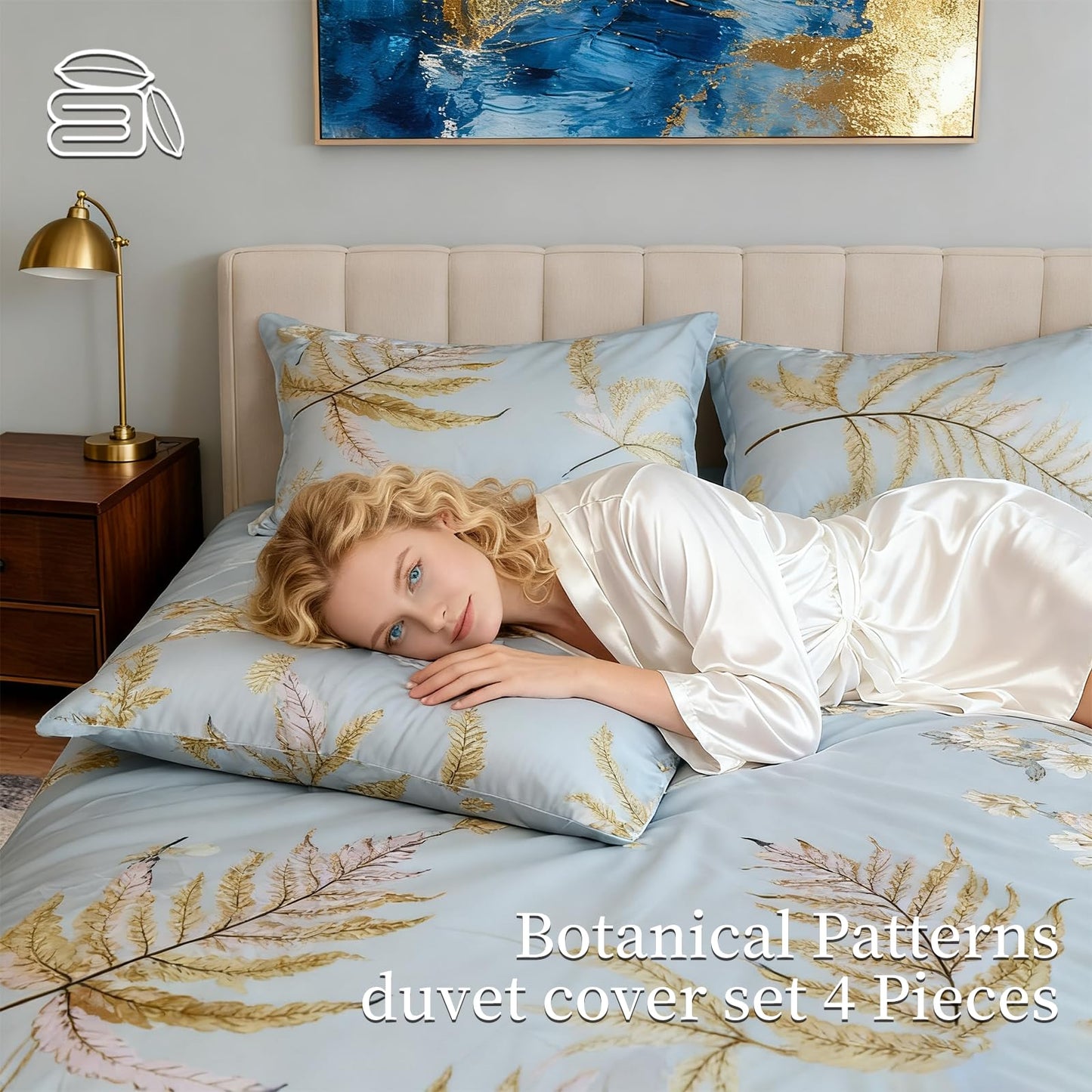 BoL CamelliaCasa Large Bed Set - Floral Pattern Bed Set, 4-piece Bedding, 1 Soft Plant Floral Duvet Cover, 1 Comfortable Plant Bed Sheet, and 2 Pillowcases (Leaf, Twin 86 * 68)