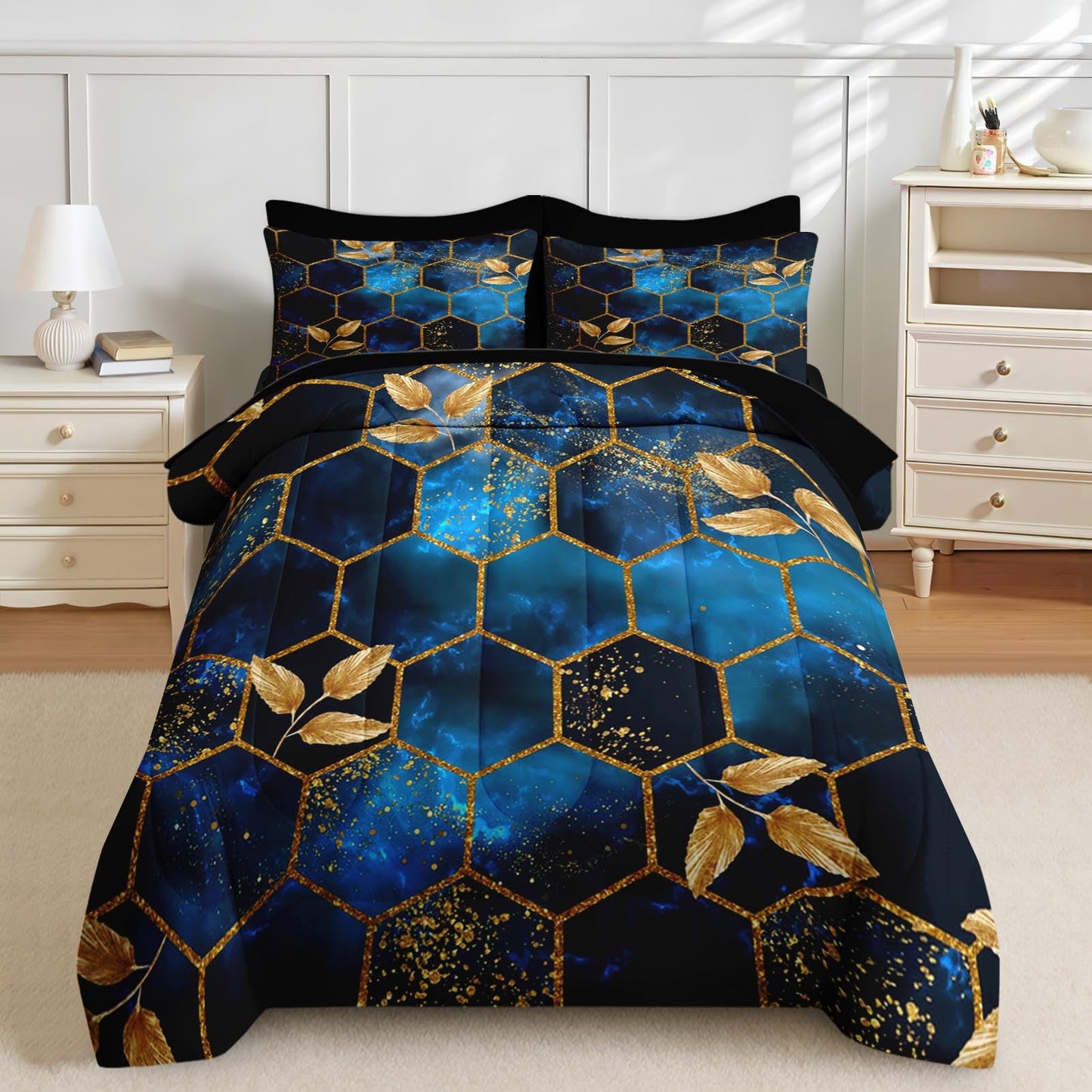 Nesker Comforter Set Queen Size, Luxury Geometric Hexagon 7 Pcs Bedding for Kids and Adults, Navy Blue Gold Marble Leaves Bed Sheet Sets with Fitted Sheet 2 Pillowcases & 2 Shams