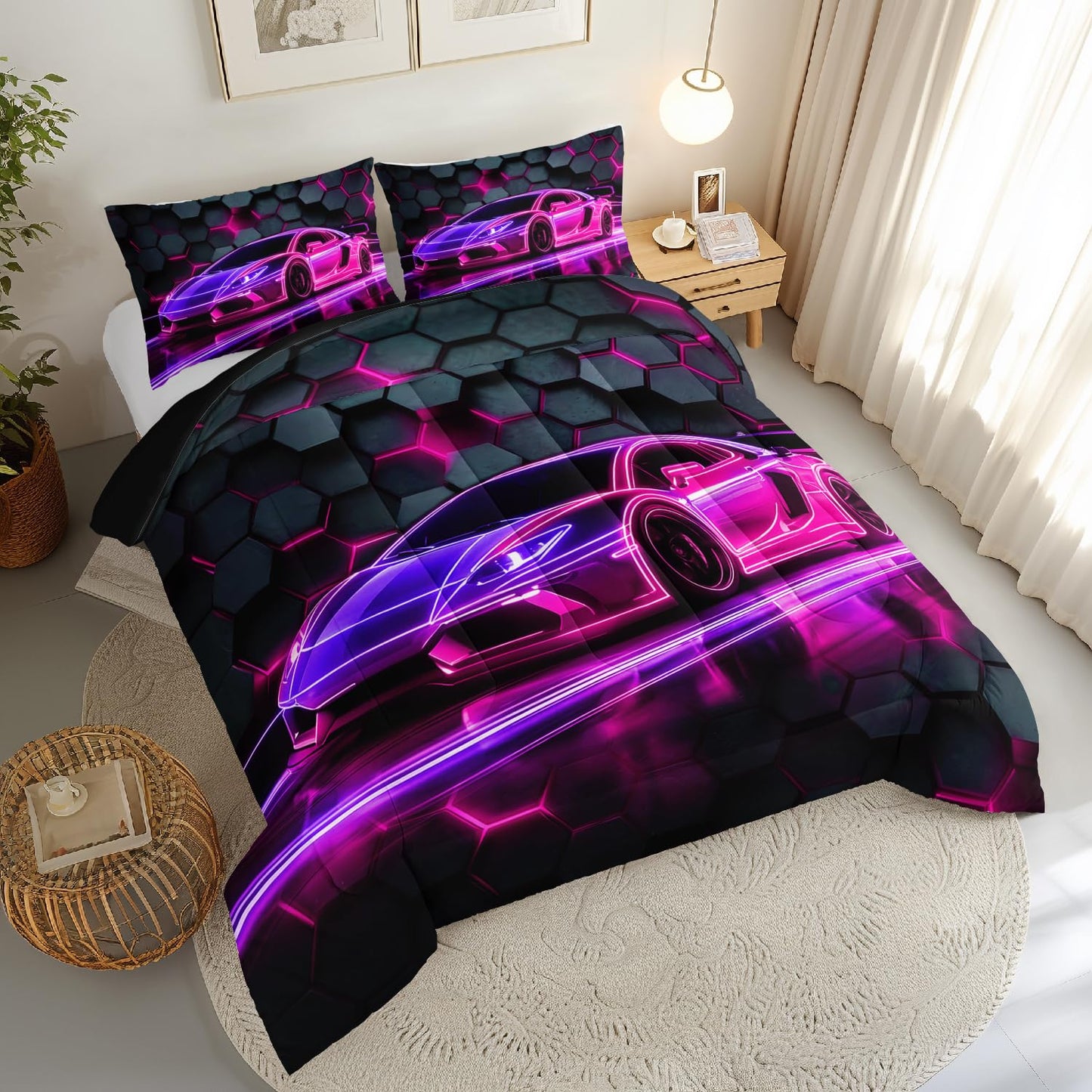HOSIMA Race Car Bedding Sets for Boys,Honeycomb Geometric Background Pattern Cool Extreme Sports Bedding Queen for Kids Men Car Themed Room Decor,Gaming Comforter with 2 Pillowcases.