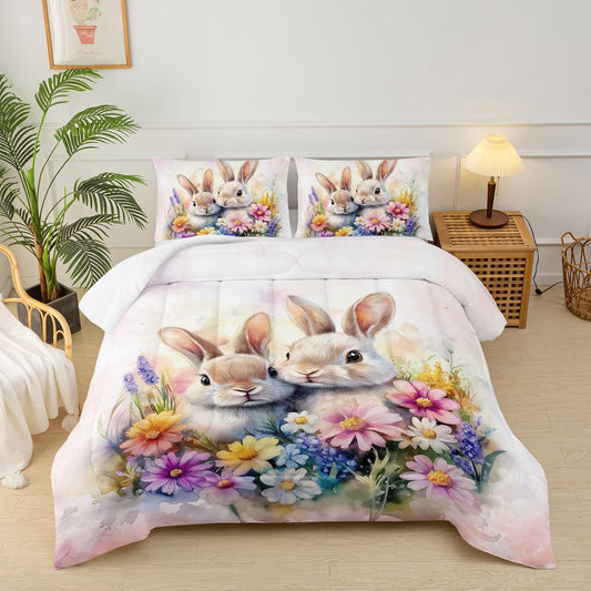 lneffble Cute Rabbit Twin Comforter Set for Kids,Kawaii Bunny Quilt Set for Boys Girls,Rural Farm Animals Fluffy Rabbit Flowers Garden Bed Set,Pink Watercolor Bedding Set for Bedroom Decor