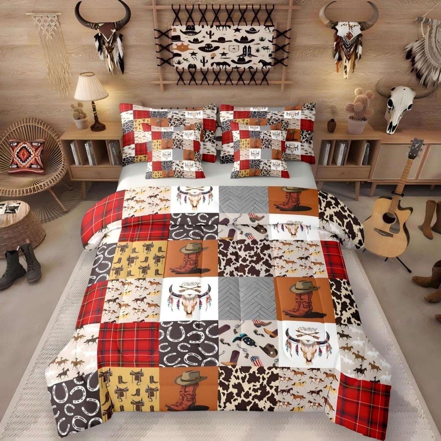 Country Western Comforter Set 7 Piece Bed in a Bag Twin | Cowboy Boots Hat Rustic Bedding Sets Horse Decor Cowboys Comforter and Sheet Set, Farmhouse Cowhide Longhorn Skull Bed Sets,Red Brown