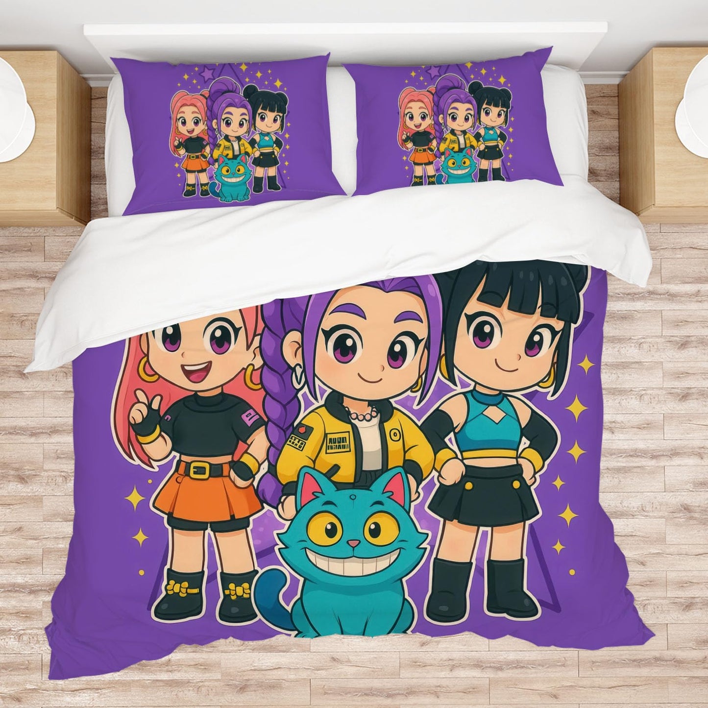 Allenjoy Cute Anime Purple Korean Hunter Comforter Set with 1 Pillowcase for Daughter Teens Fans Girls Women Bedroom Nursery Bedding Room Decor, Machine Washable Durable, Twin Size