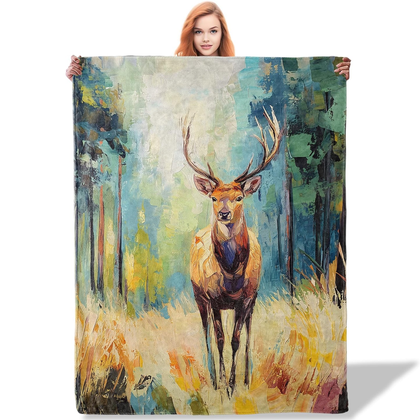 Plistiz Deer Throw Blanket 50"x60", Forest Theme Blanket for Living Room, Soft Flannel Deer Gift for Adults and Women