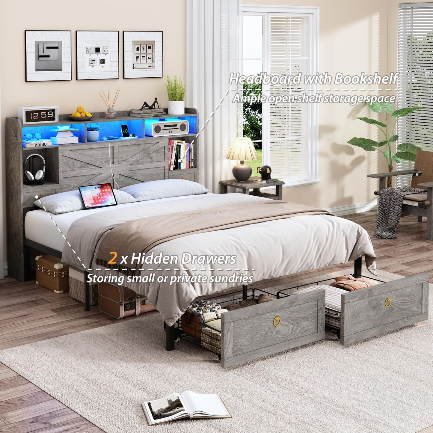 TIGUBFRE Full Bed Frame with Storage Headboard, Farmhouse Wood Bed Frame Full Size with 4 Drawers, LED Light & Charging Station, Metal Slats Support, Noise Free, No Box Spring Needed, Rustic Gray