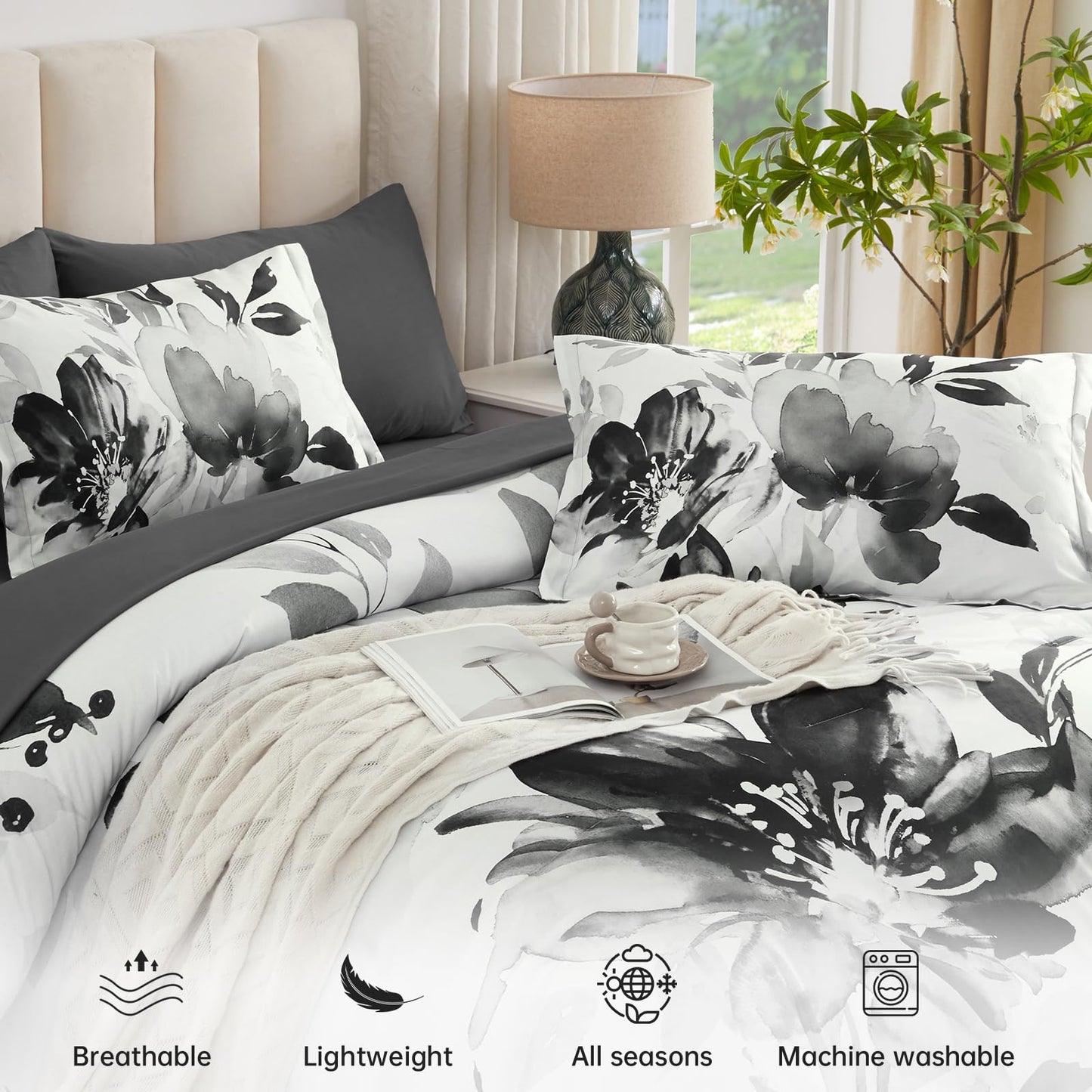 Luxudecor Floral Comforter Set Queen Size, 7 Piece Black Grey Flower Set Bed in a Bag,Soft Microfiber Farmhouse Shabby Chic Bedding Set for All Seasons(90"x90")