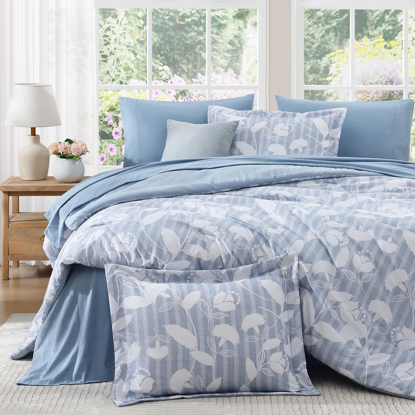 BLOOMHAVEN Queen Comforter Set -7 Pieces Blue Floral Comforter Set for All Seasons, Bed in a Bag Queen with Botanical Flowers Comforter, Sheets, Pillowcases & Shams