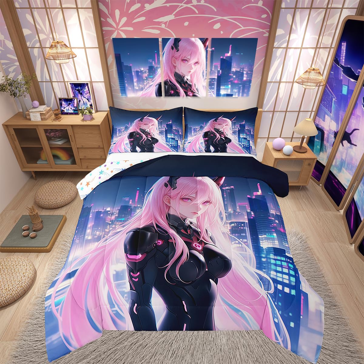 Erosebridal Japanese Anime Comforter Set Twin Size, Anime Girl Bedding Set Kawaii Japanese Style Quilt Cartoon Japan Animation Duvet Insert for Boys Teens Adult Women Bedroom Decor