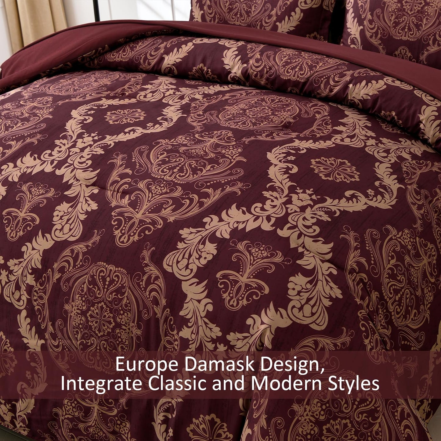 WONGS BEDDING Burgundy Comforter Set Queen Size, Maroon Damask Texture 7 Pieces Bed in a Bag Microfiber Comforter Bedding Sets -1 Comforter, 1 Flat Sheet, 1 Fitted Sheet, 2 Pillow Shams, 2 Pillowcases