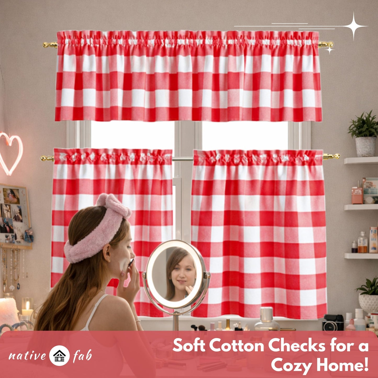 Native Fab Red Buffalo Plaid Window Curtain Set, 3 Piece Cotton Tier and Valance, 2 Tiers 26x36 Inch and Valance 54x18 Inch, Rod Pocket Curtains for Kitchen, Dining, Living Room, Red White