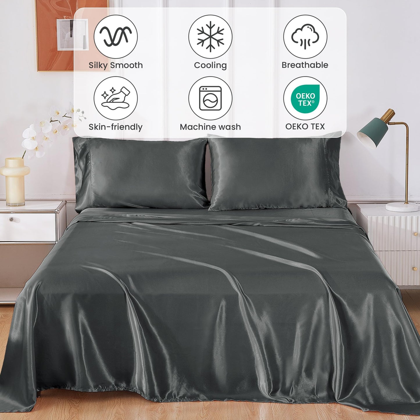 lasoftan Silk Satin King Sheets Set, Silky Fitted Bed Sheets with 15" Deep Pocket and Non-Slip Corner Straps, Luxury Hotel King Size Satin Sheets, Grey Cooling Sheets & Pillowcase Set