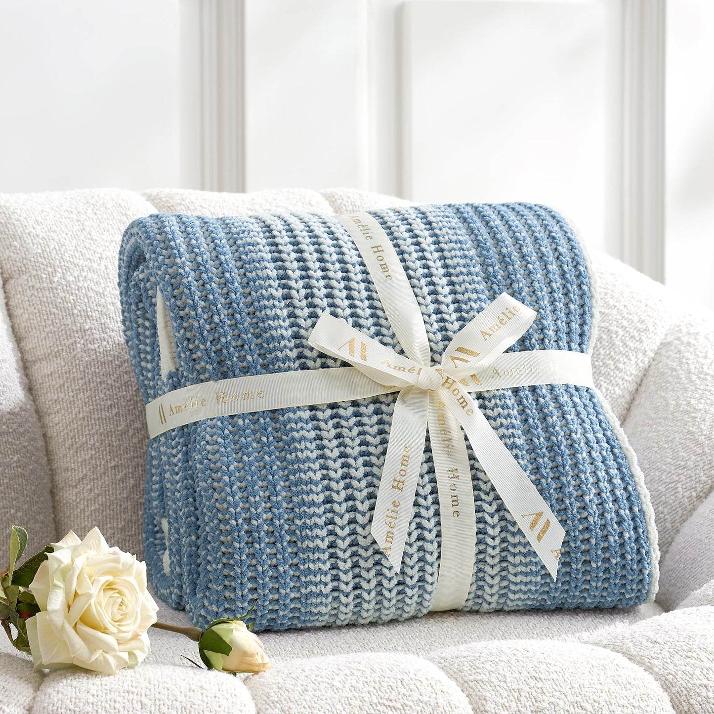 Amélie Home Chenille Knit Throw Blanket Set, Solid Chevron & Two-Tone Blue, Soft Decorative Blankets for Couch & Sofa, 50"x60" 2-Pack