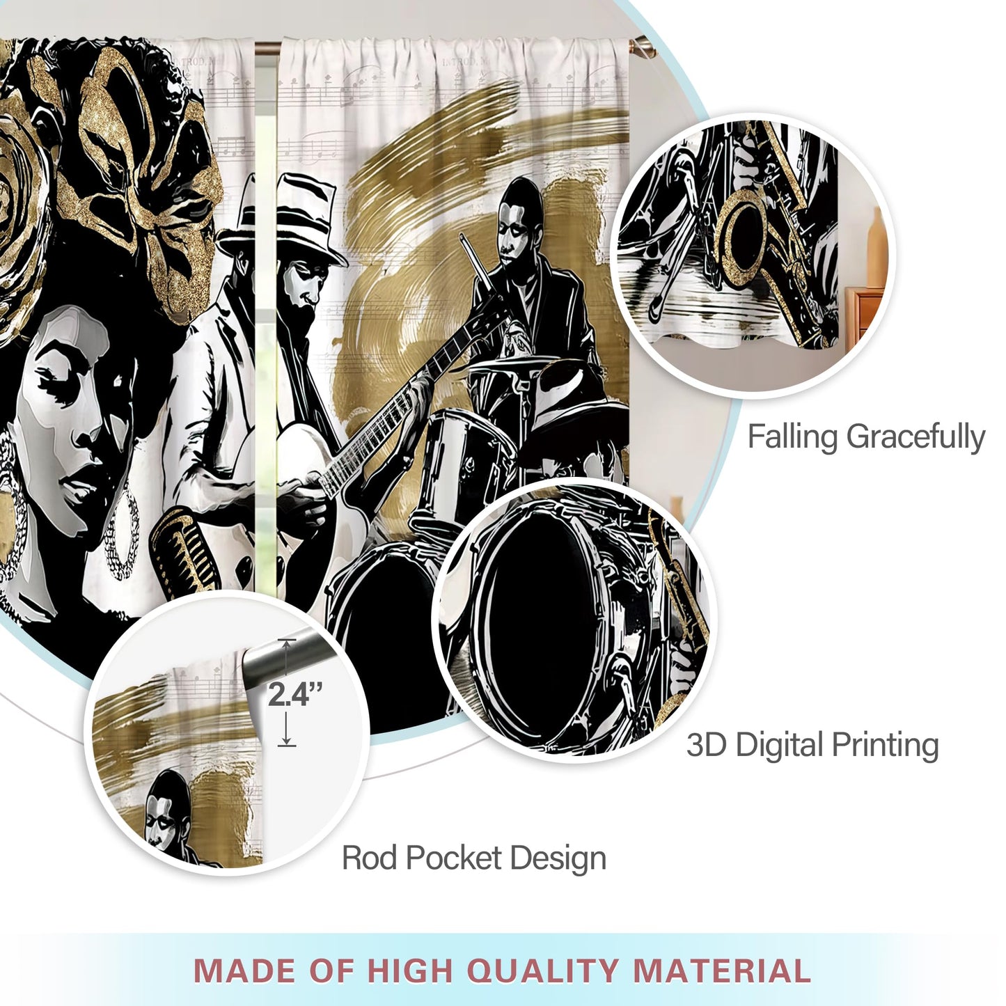 Glioown African American Window Curtains, Jazz Music Light-Filtering Drapes for Living Room Bedroom, Hippie Band Rod Pocket Window Treatments (2 Panels, 42 x 63 in)