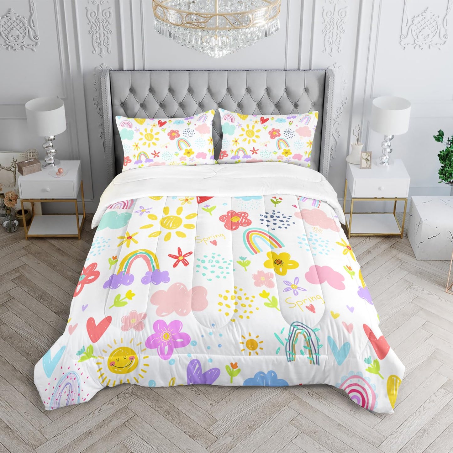 XYNHML Colorful Rainbow Comforter Graffiti Cute Sun Flowers Bedding 3Pcs Full Cartoon Hearts Cloud Pattern Quilt Set for Kids Teens Girls Boys Raindrop Bed Set with 1 Comforter and 2 Pillowcases