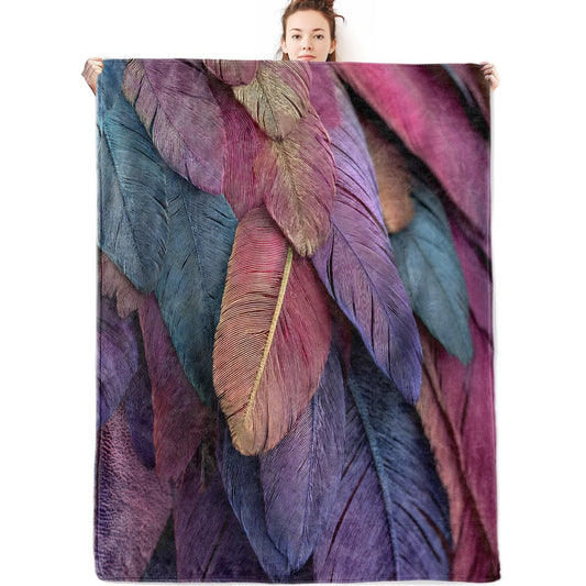 olpddz Colorful Feather Flannel Blanket Gifts for Adults,60x50inch,Gradient Plumage Texture Throw Blankets with in Purple,Pink and Teal,for Bedroom,Sofa,Living Room,Camping Boho Home Decor Throws