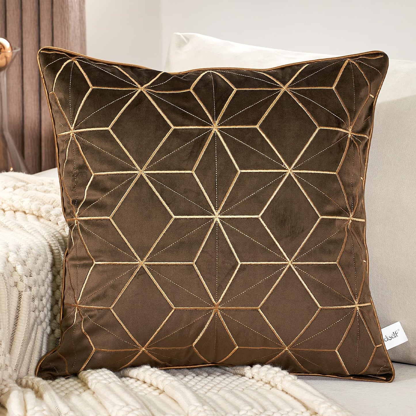Aeckself Dark Brown Gold Plaid Geometric Throw Pillow Covers 20x20 Inch, Luxury Embroidery Velvet Cushion Case Square Modern Decorative Pillow Covers for Couch Living Room Bedroom