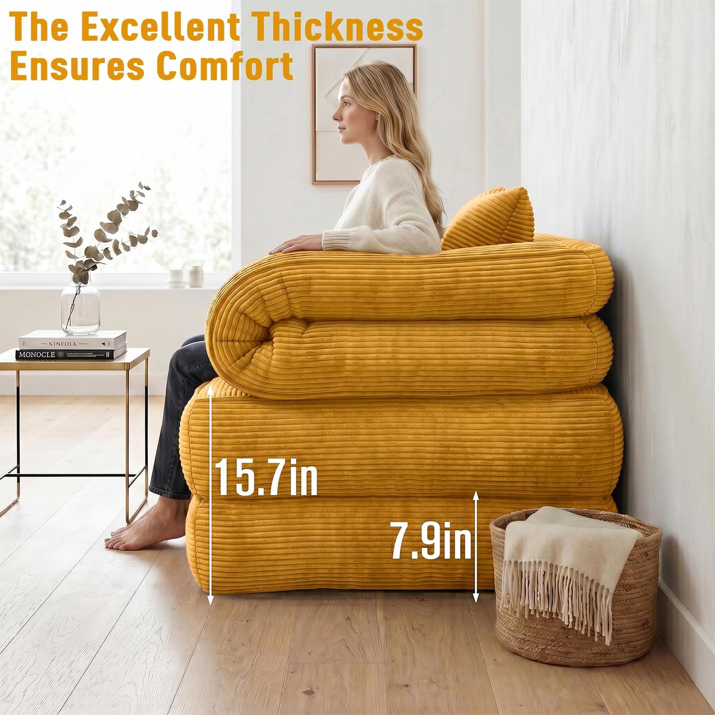 COTOSOF Folding Sofa Bed, Convertible Sleeper Chair with Armrests for Adults, Foldable Corduroy Boneless Bed, 3-in-1 Portable Futon Couch Floor Sofa with Pillow for Bedroom, Living Room, Orange