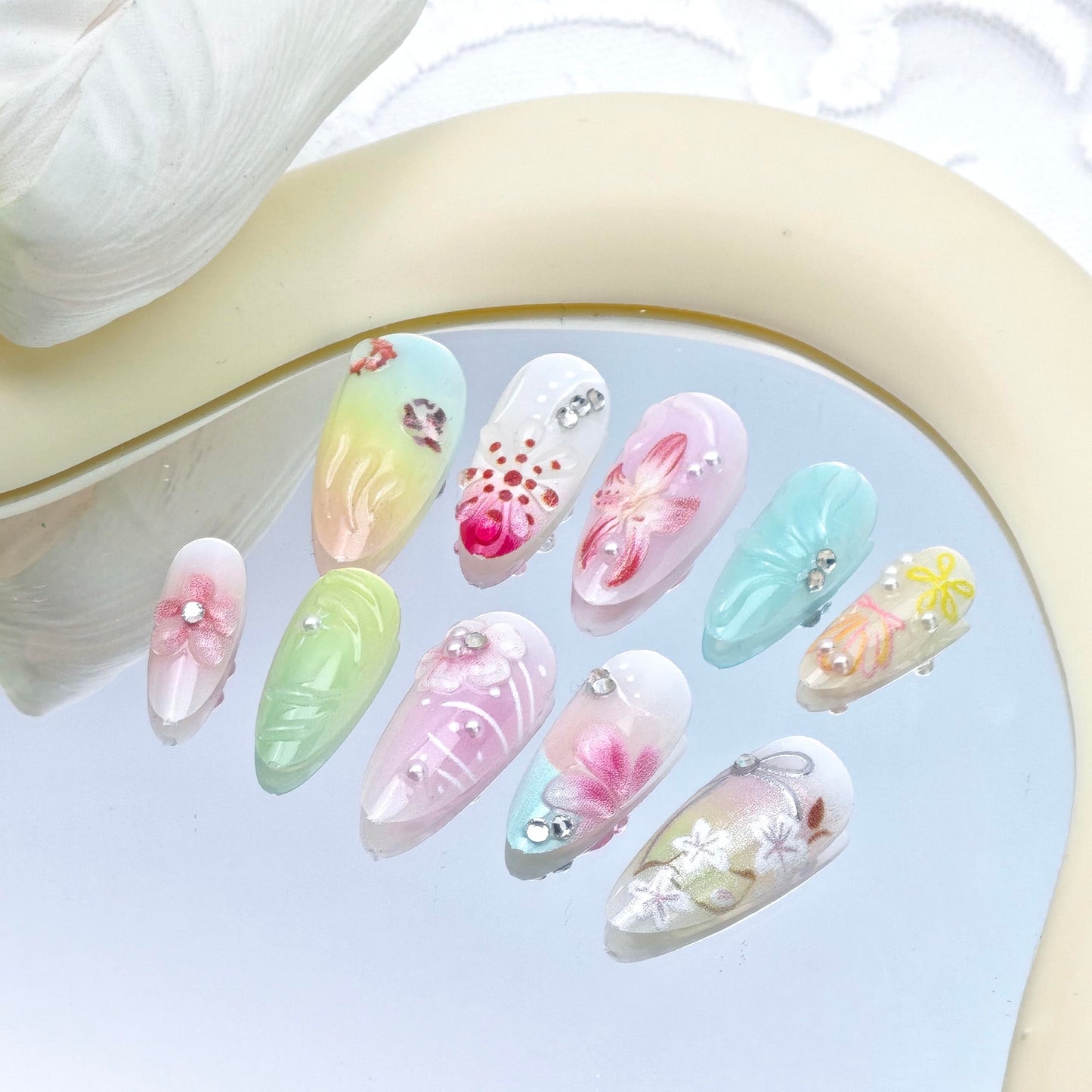 24 Pcs Flower Press on Nails Medium Almond French Tip Fake Nails 3D Flowers Bow Rhinestones Glitter Designs Full Cover Spring Summer Stick on Nails Handmade False Nails for Women Acrylic Nail Salon